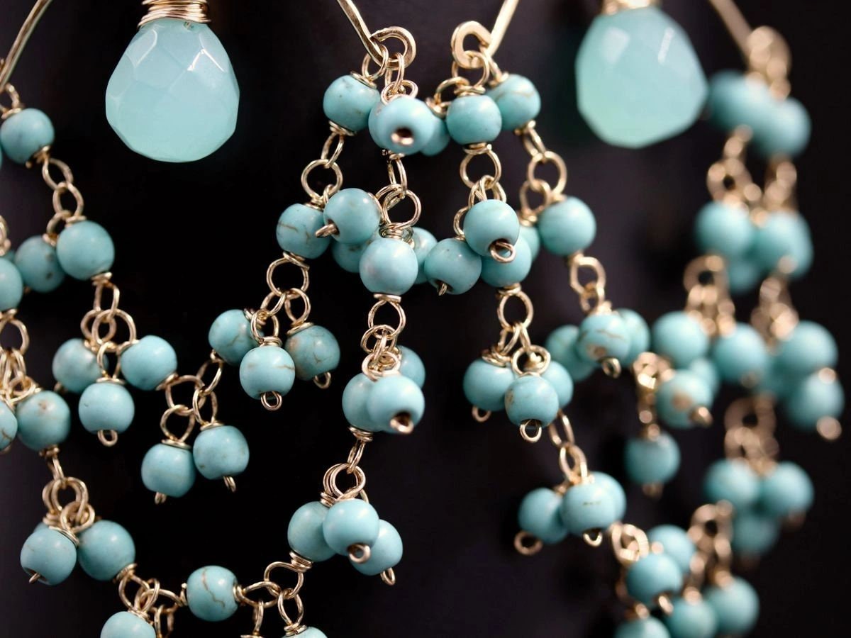 Turquoise Magnesite Aqua Chalcedony Fringe, Gemstone Earrings, 14K Gold Filled Bohemian Wedding