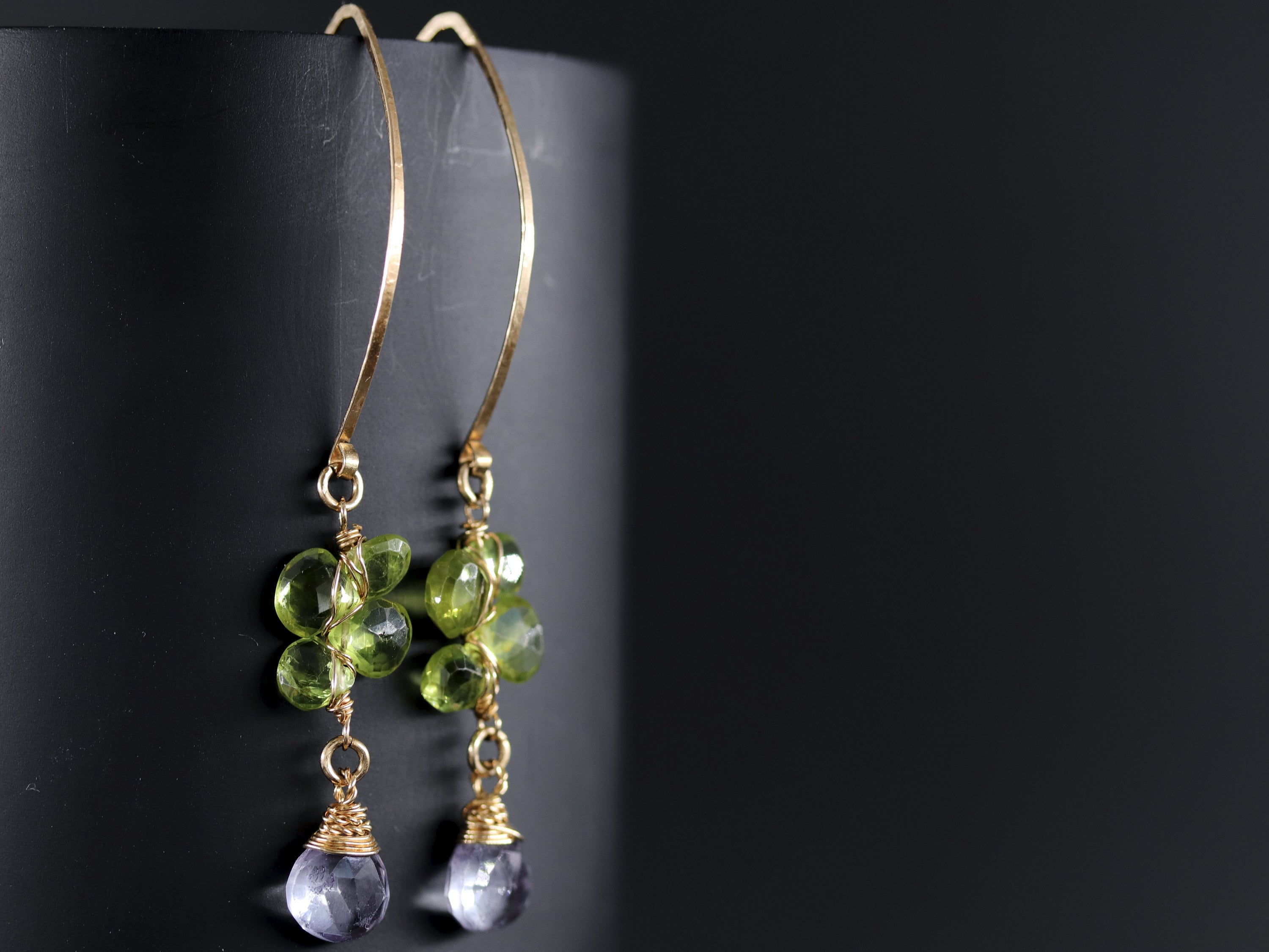 Blue Quartz and Peridot Floral Cluster Gemstone Earrings, 14K Gold Filled Botanical