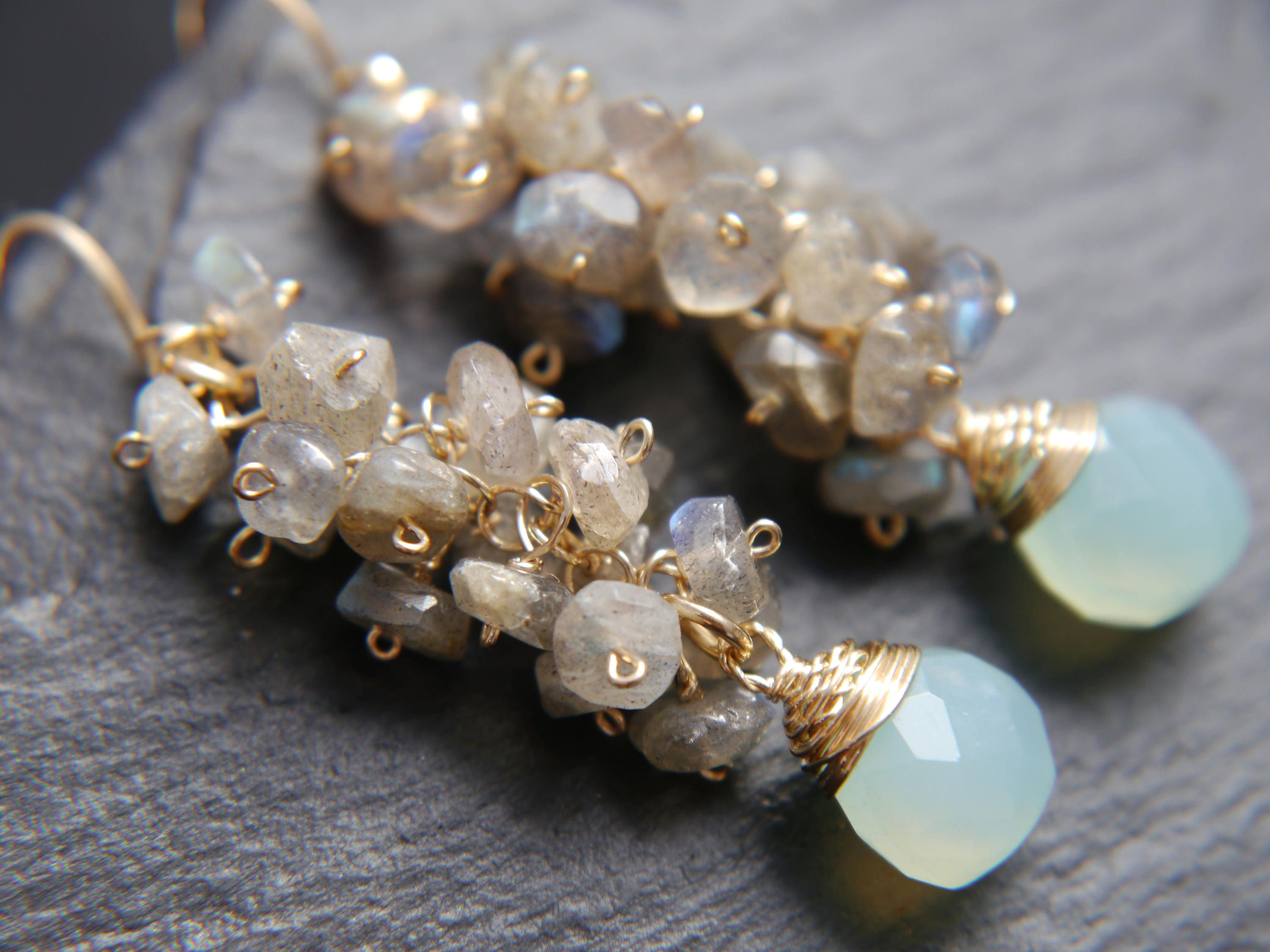 Aqua Chalcedony Briolette Labradorite Cluster Gemstone Earrings, 14K Gold Filled Romantic Style