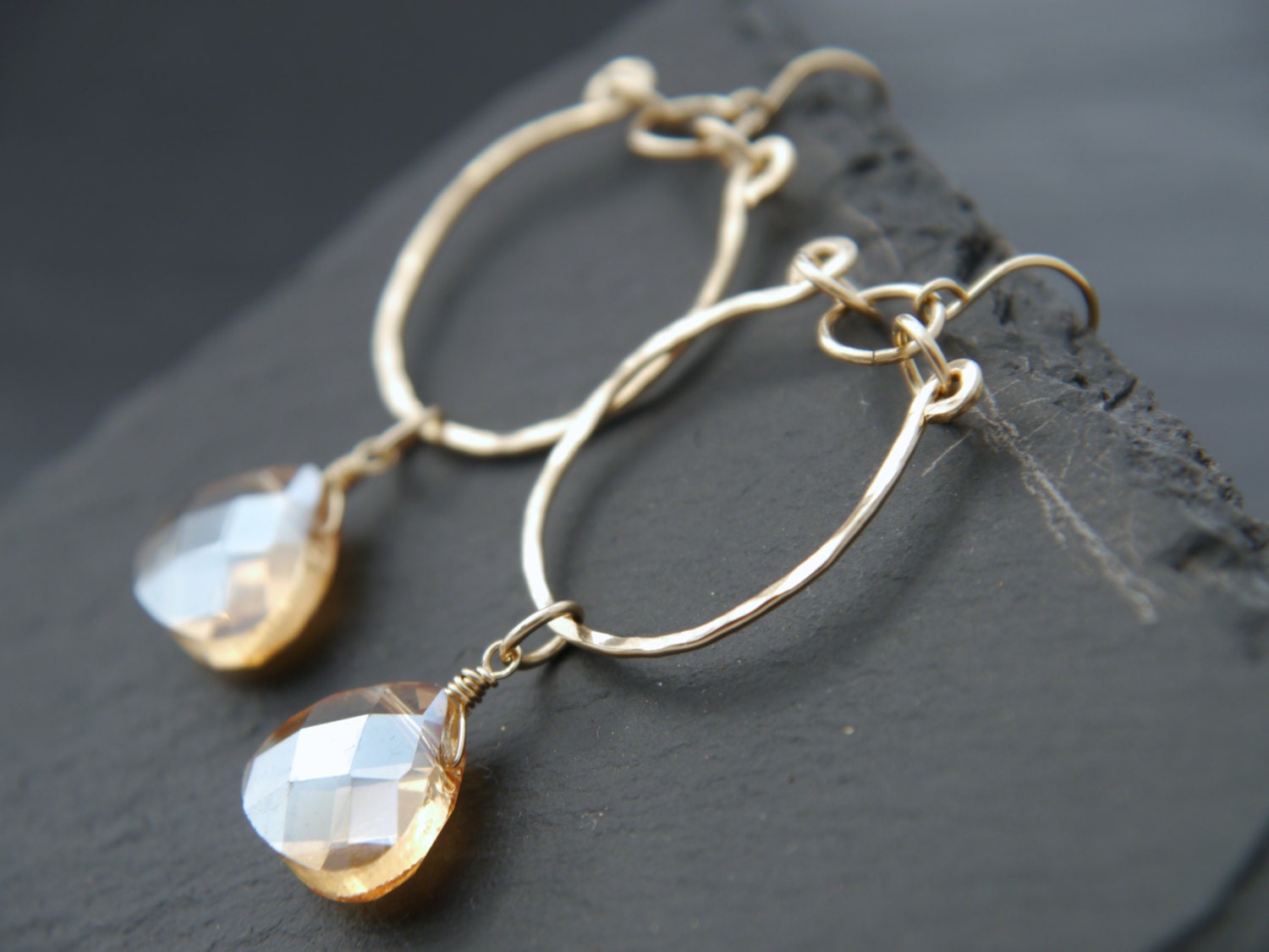Champagne Crystal Briolette Hoop Gemstone Earrings, 14K Gold Filled Minimalist Style