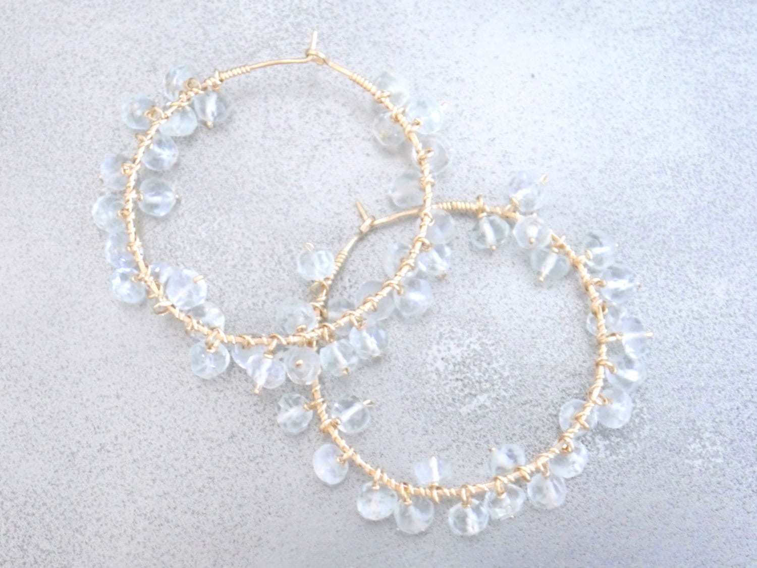Aquamarine Floral Cluster Fringe Hoop Gemstone Earrings, 14K Gold Filled Unique Boho