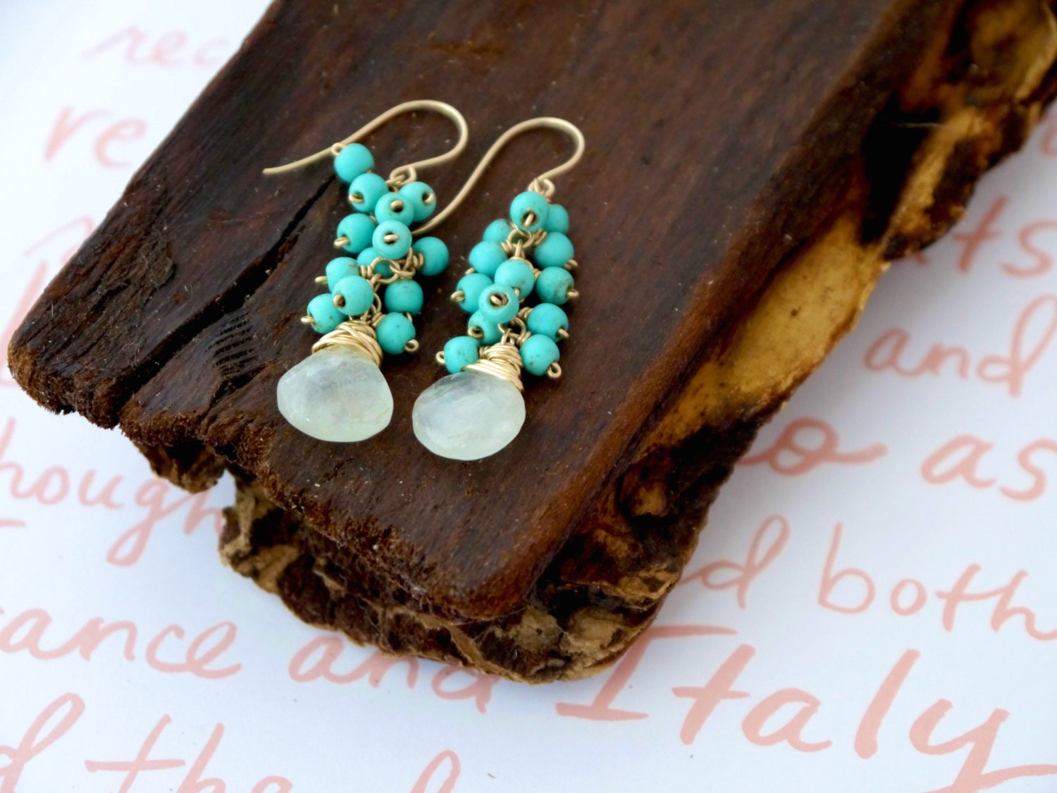 Aquamarine Turquoise Magnesite Cluster Dangle Gemstone Earrings, 14K Gold Filled Boho