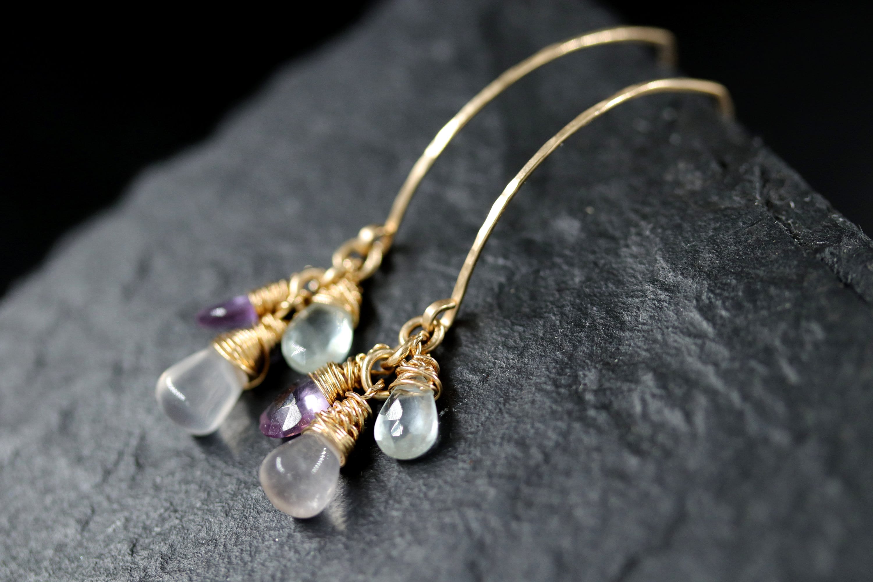Amethyst Aquamarine Trio Earrings, 14K Gold Filled Minimal Drop, Delicate Jewelry