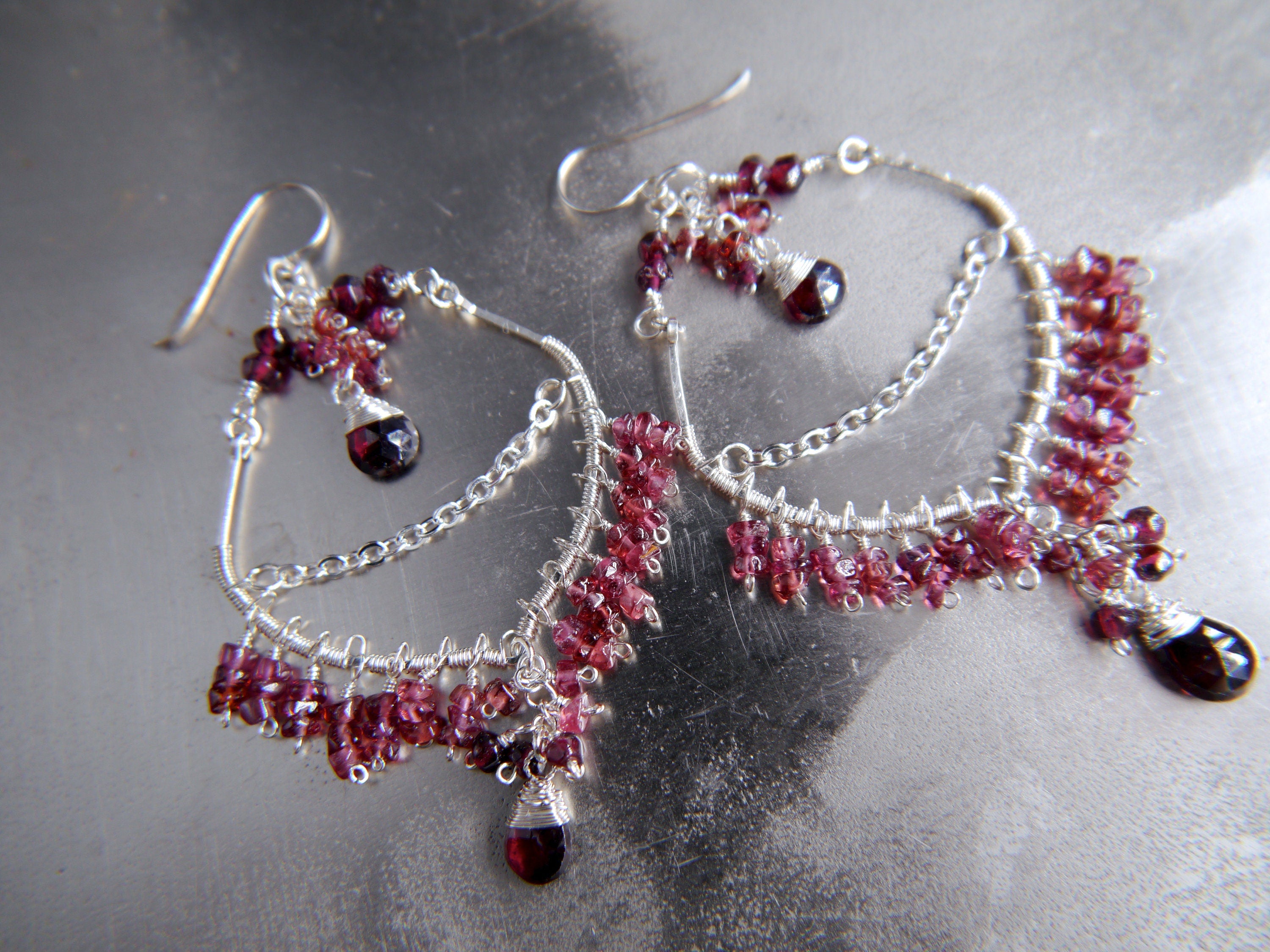 Garnet Chandelier Fringe Gemstone Earrings, Sterling Silver, Bohemian Style