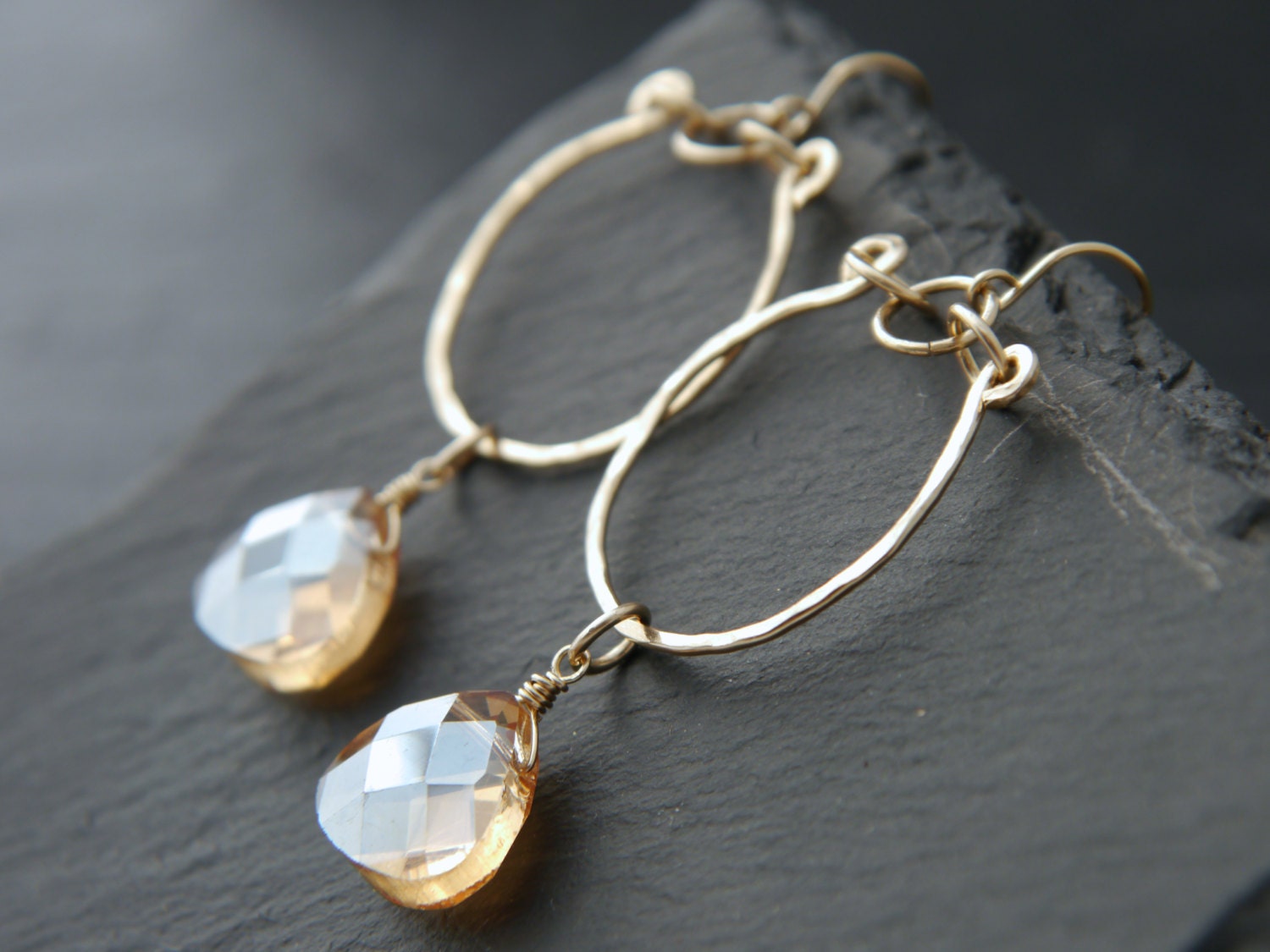Champagne Crystal Briolette Hoop Gemstone Earrings, 14K Gold Filled Minimalist Style