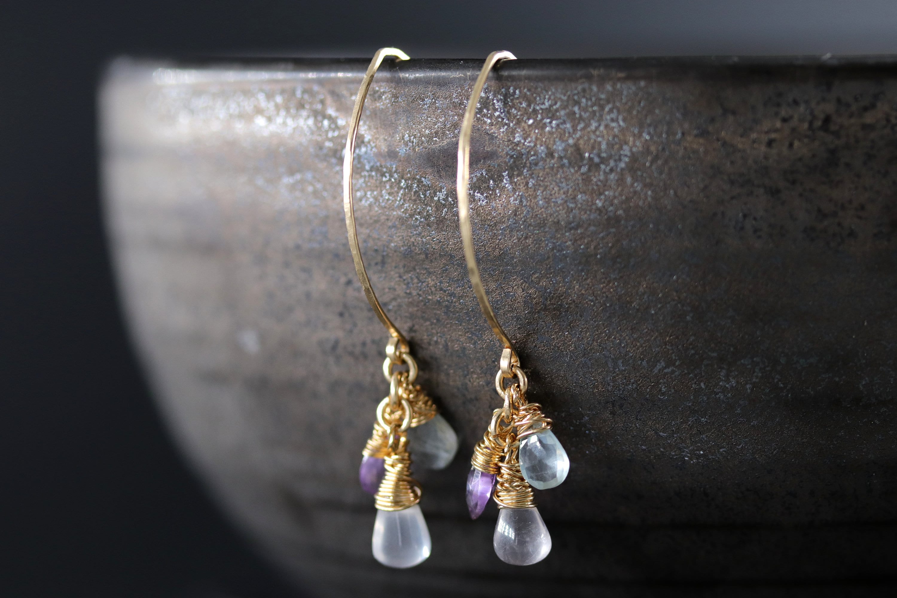 Amethyst Aquamarine Trio Earrings, 14K Gold Filled Minimal Drop, Delicate Jewelry