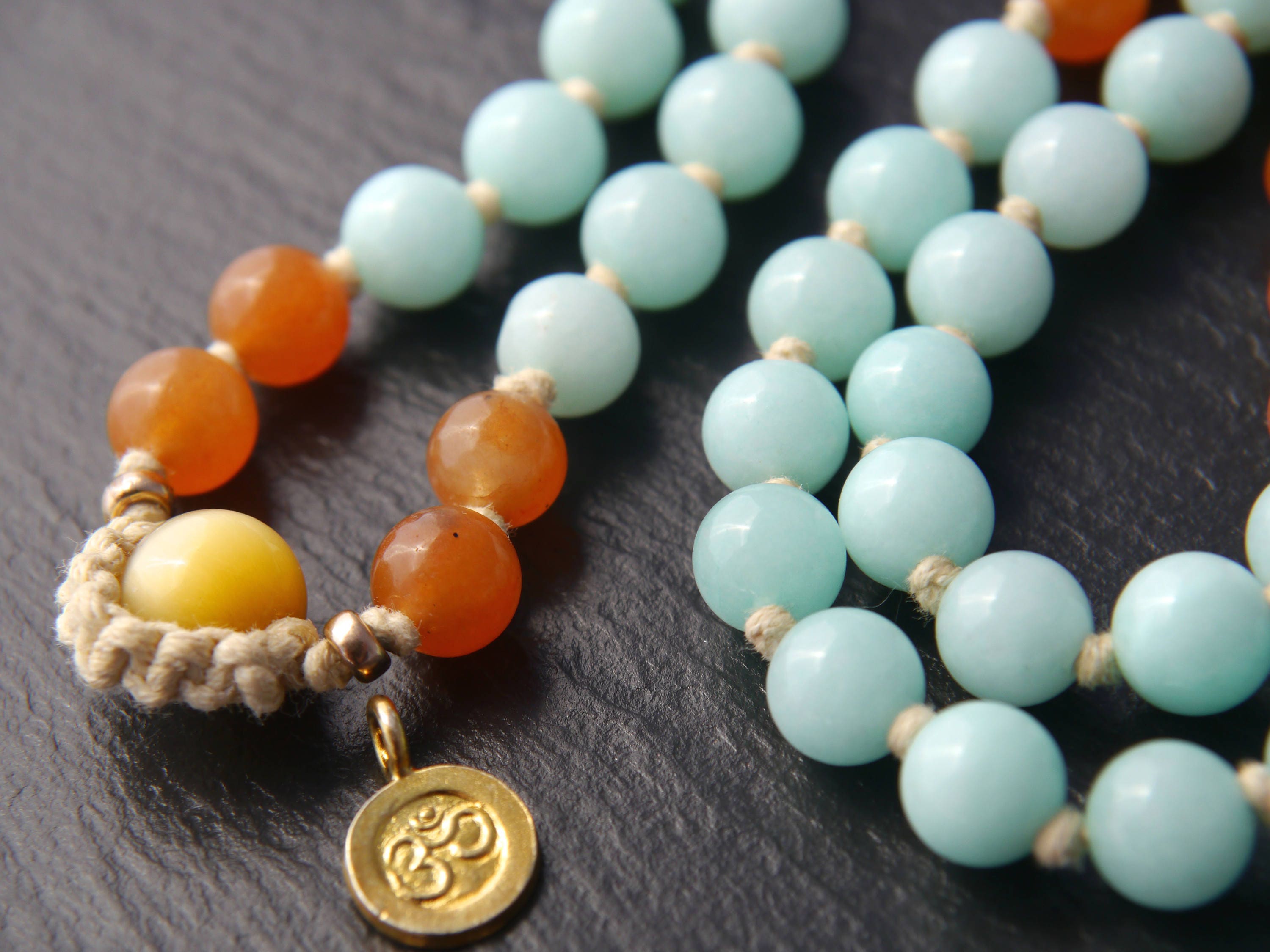Red Aventurine Amazonite 108 Mala Bead , Wrap, Hand Knotted Tibetan Prayer Beads