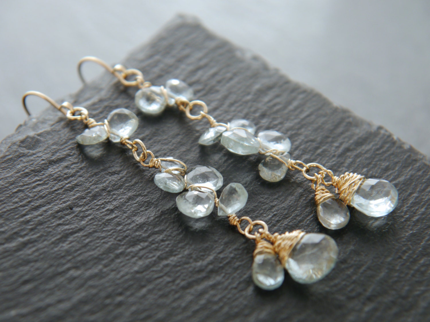 Aquamarine Long Dangle  Floral  Gemstone Earrings, 14K Gold Filled Garden Wedding