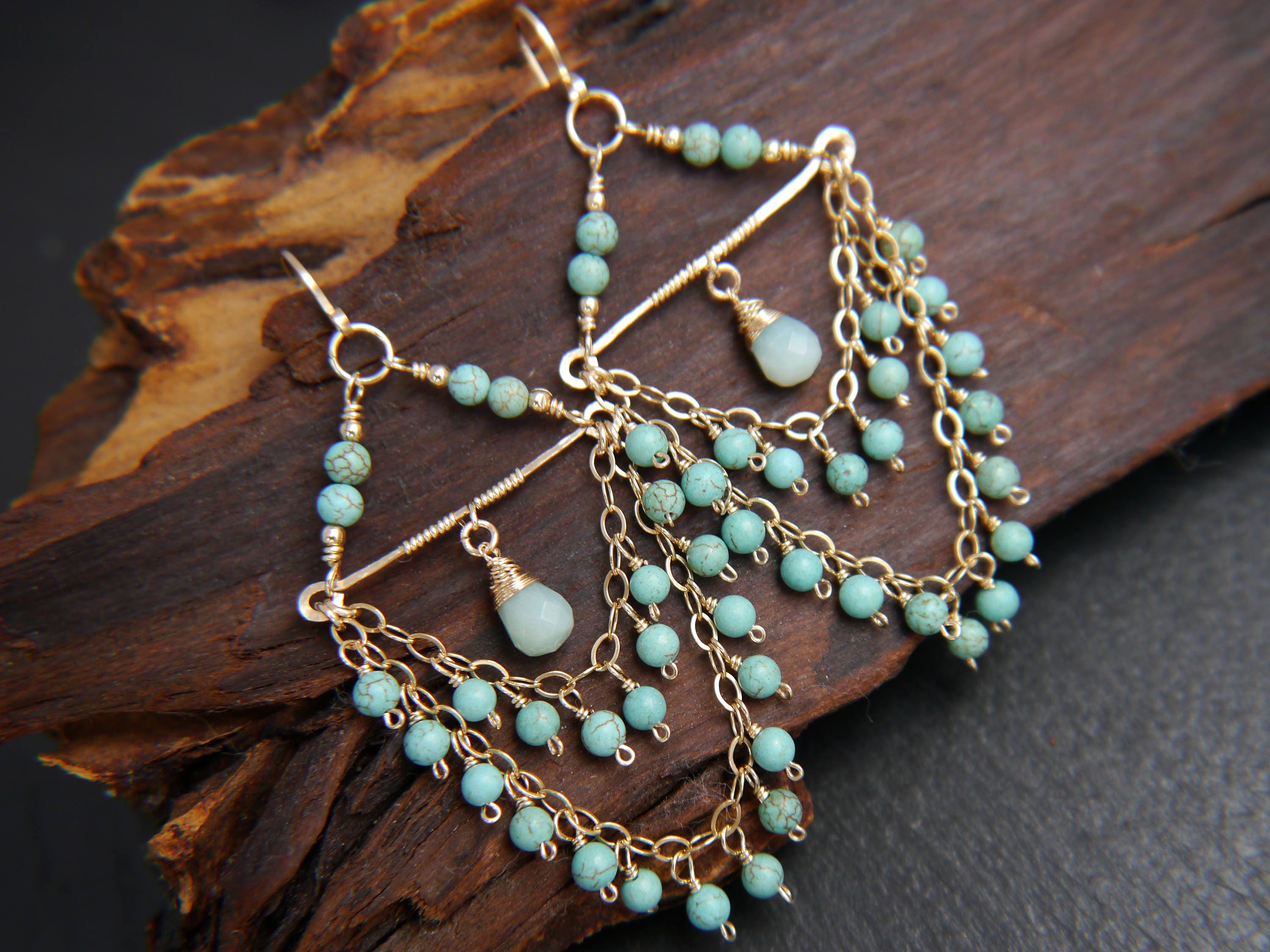 Turquoise Magnesite Chandelier Fringe Gemstone Earrings, 14K Gold Filled Coastal Wedding