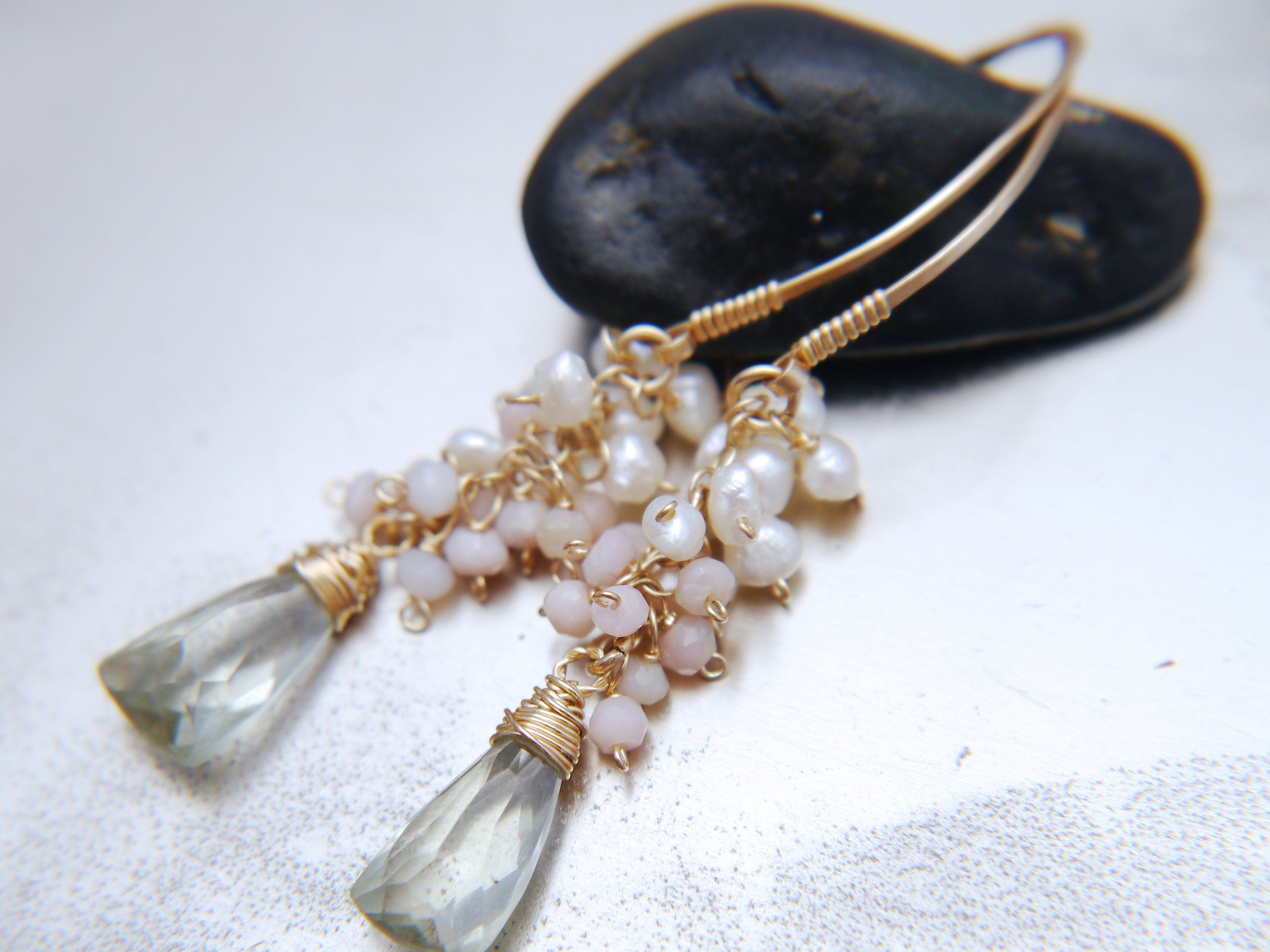 Pearl Pink Opal Green Amethyst Floral Gemstone Earrings, 14K Gold Filled Bohemian Jewelry