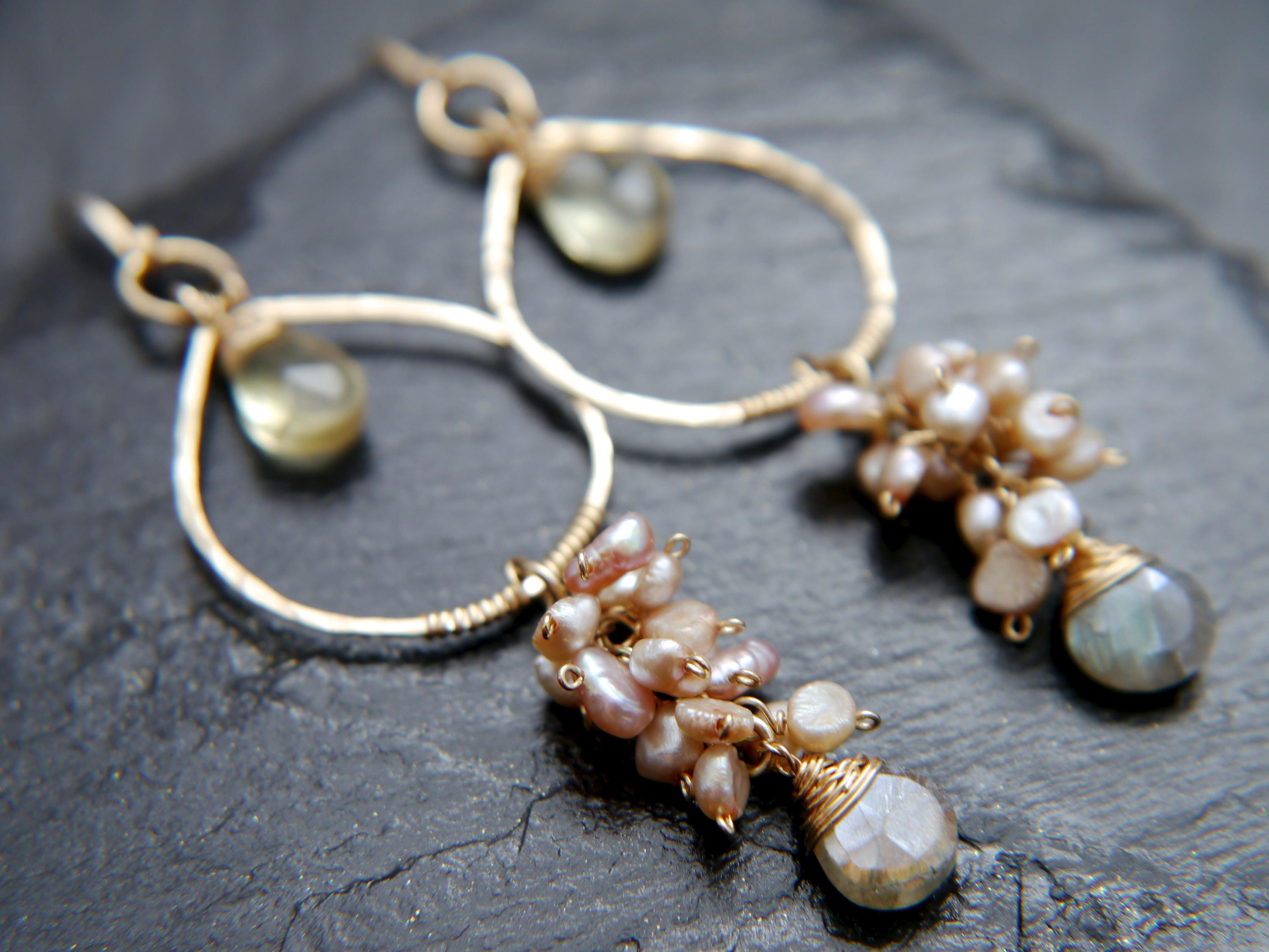 Citrine Labradorite Pearl Floral Chandelier Gemstone Earrings, 14K Gold Filled Bridal