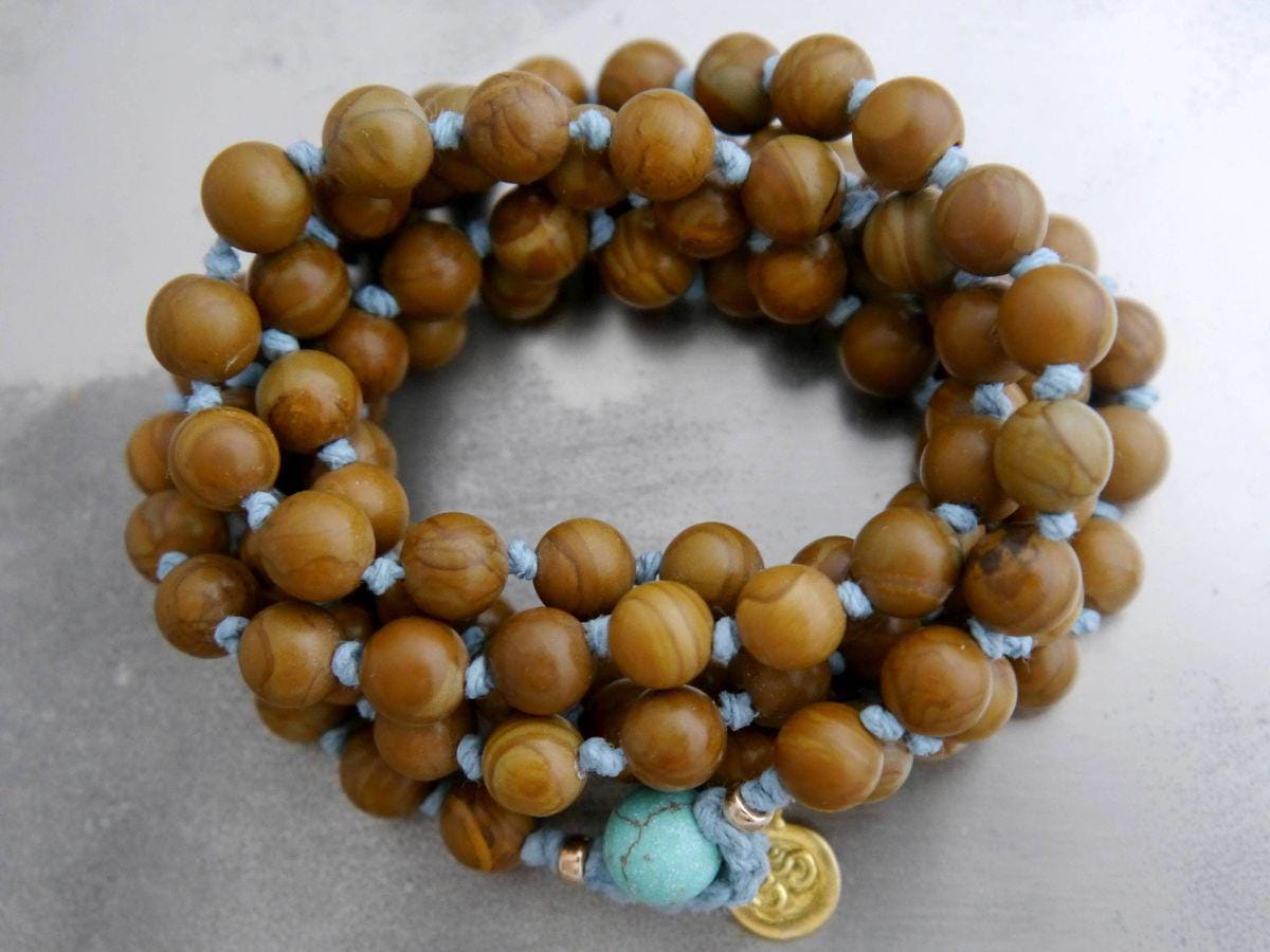 Brown Tigerskin Jasper 108 Mala Bead , Wrap, Hand Knotted Tibetan Prayer Beads