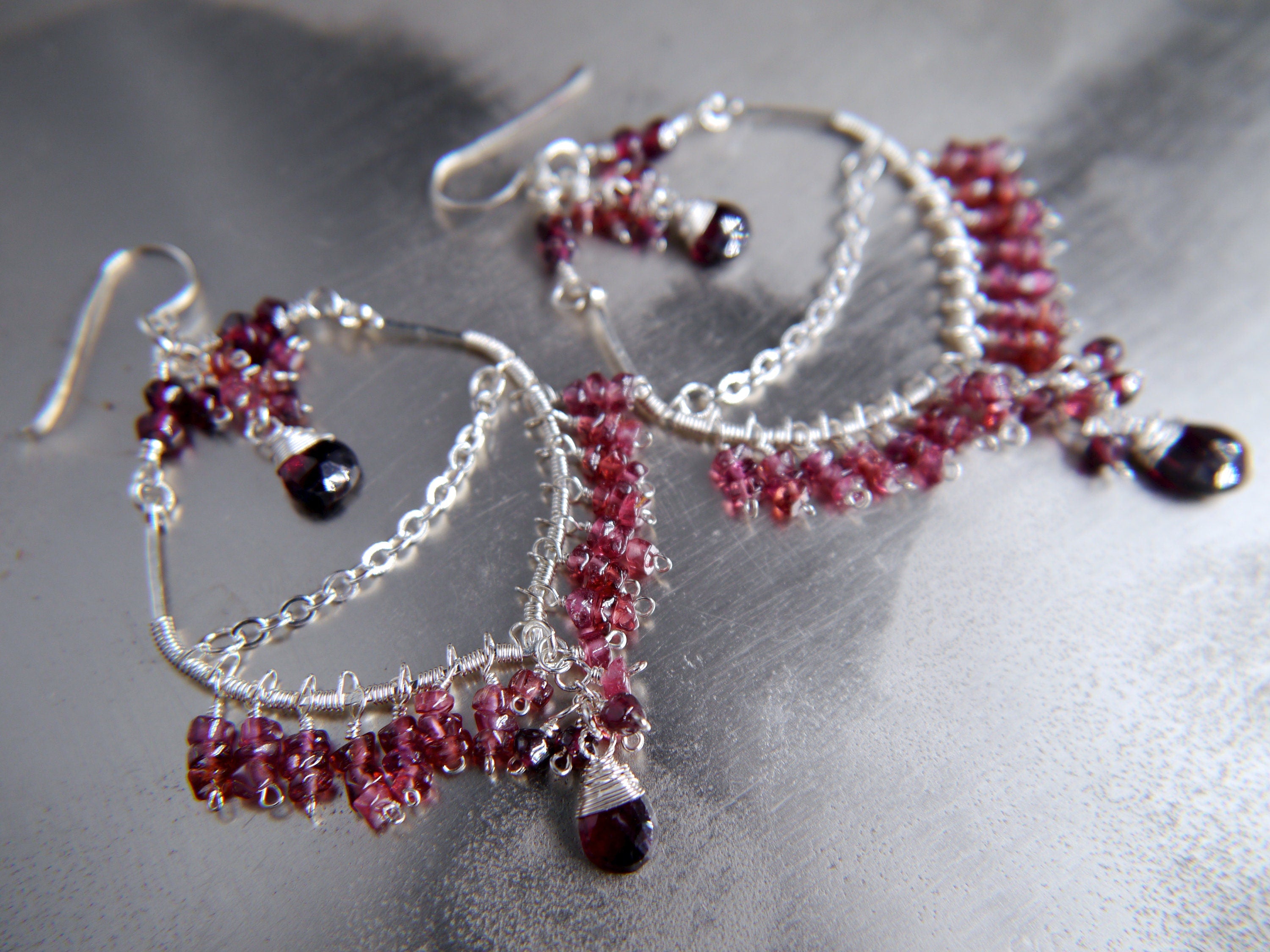 Garnet Chandelier Fringe Gemstone Earrings, Sterling Silver, Bohemian Style