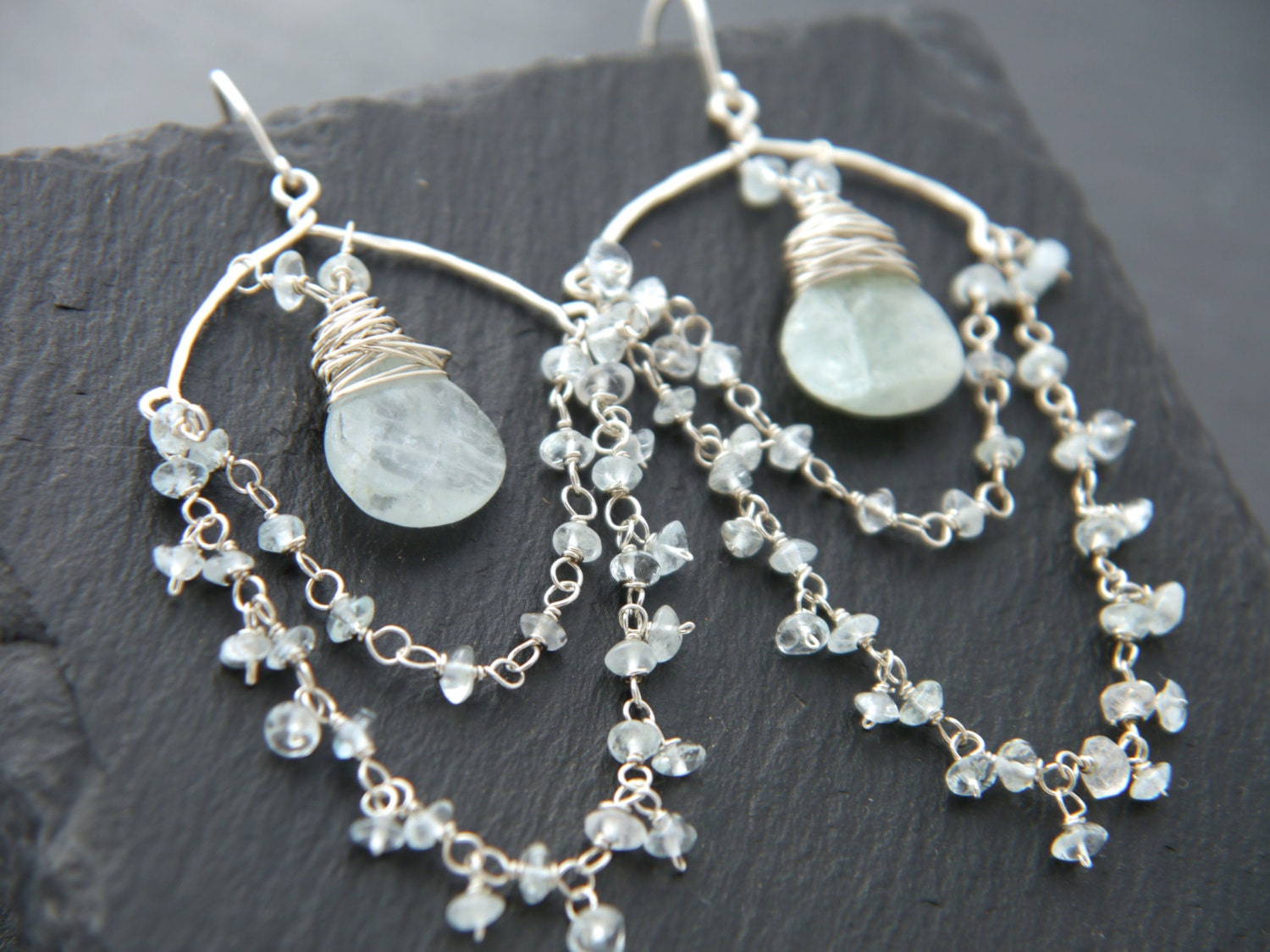 Aquamarine Chandelier Fringe Gemstone Earrings, Sterling Silver Bridal Jewelry