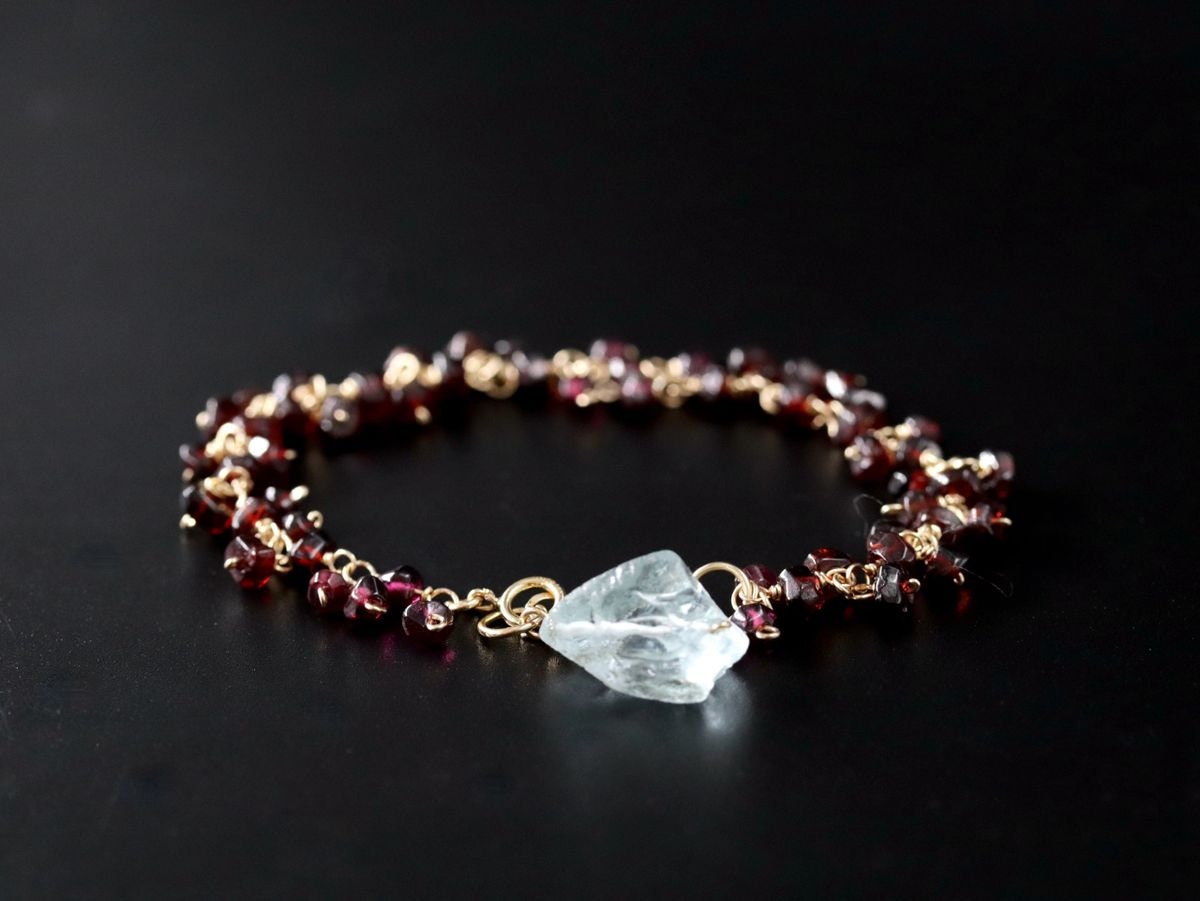 Garnet Aquamarine Gemstone Bracelet, 14K Gold Filled Raw , January Birthstone