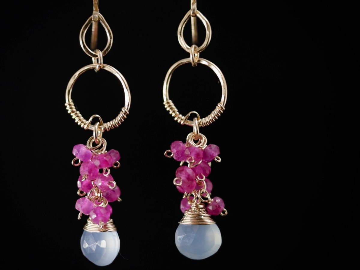 Ruby Chalcedony Heart Briolette Floral Cluster Gemstone Earrings, 14K Gold Filled