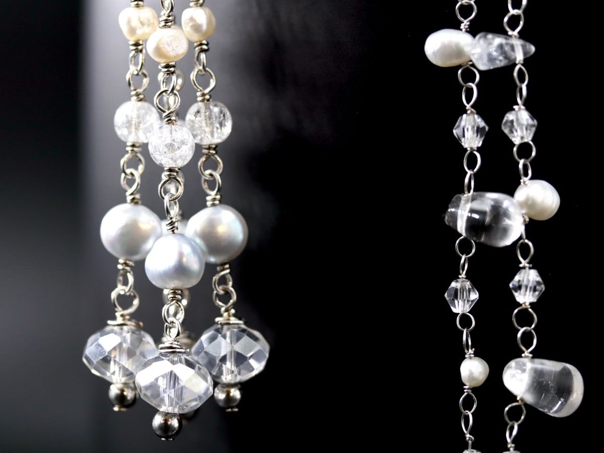 Pink Pearl Rosary Chain Lariat Y Tassel Gemstone Necklace, Sterling Silver, Bohemian