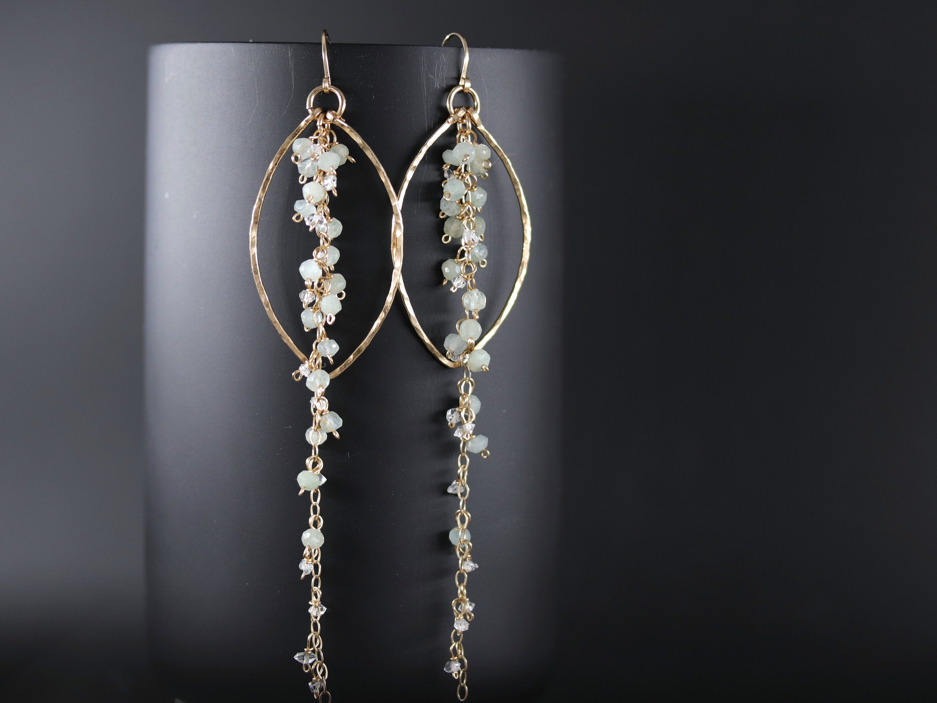 Aquamarine Fringe Chandelier Earrings, 14K Gold Filled Boho Dangle, Wedding Jewelry