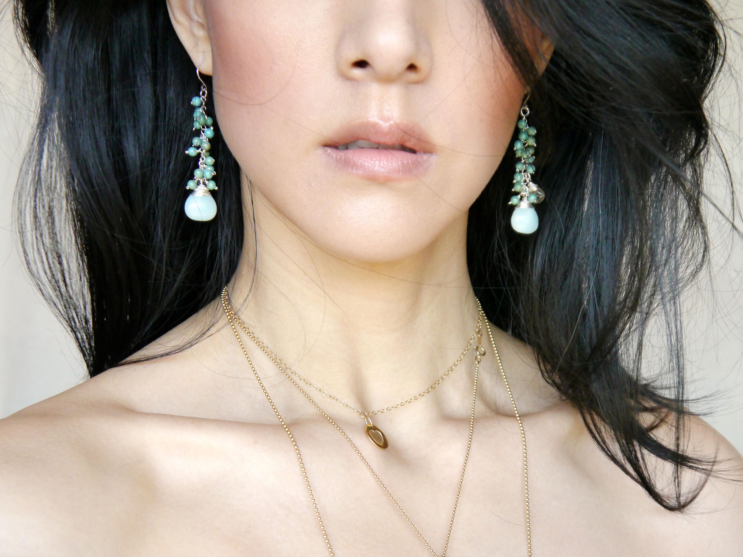 Amazonite Turquoise Magnesite Long Dangle Cluster Gemstone Earrings, Sterling Silver