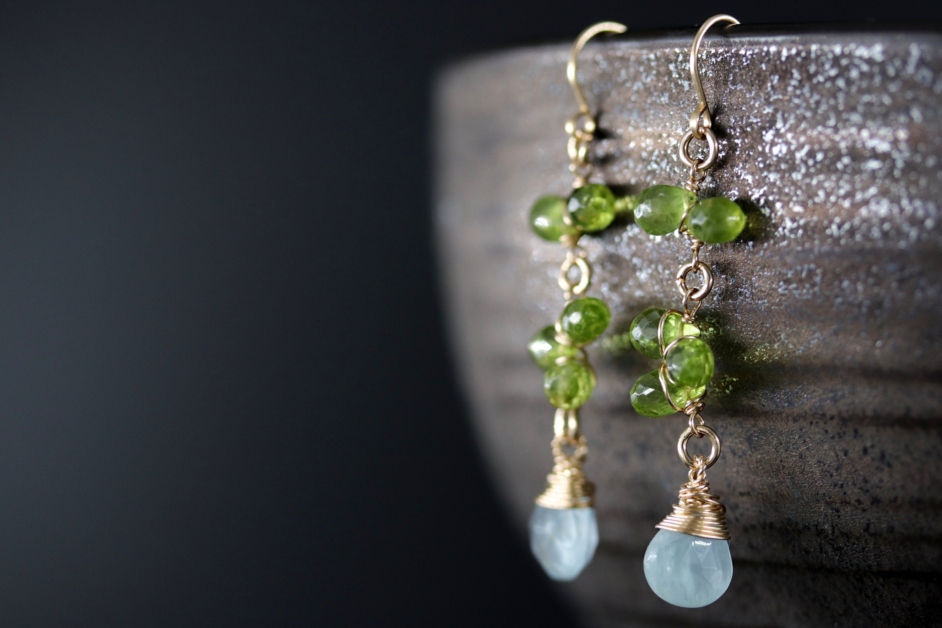 Aquamarine Peridot Dangle Vine Gemstone Earrings, 14K Gold Filled Floral Design