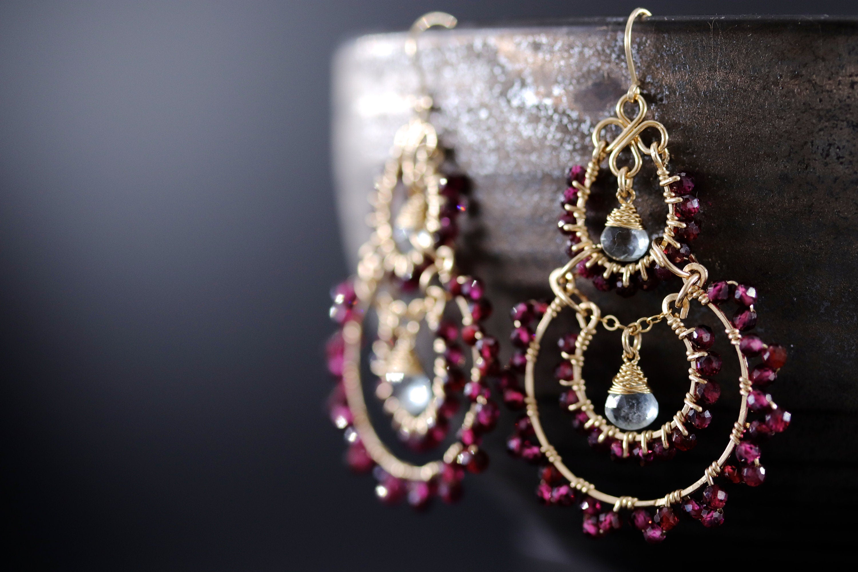 Garnet Aquamarine Fringe Chandelier Earrings, 14K Gold Filled Long Dangle, Heirloom Statement