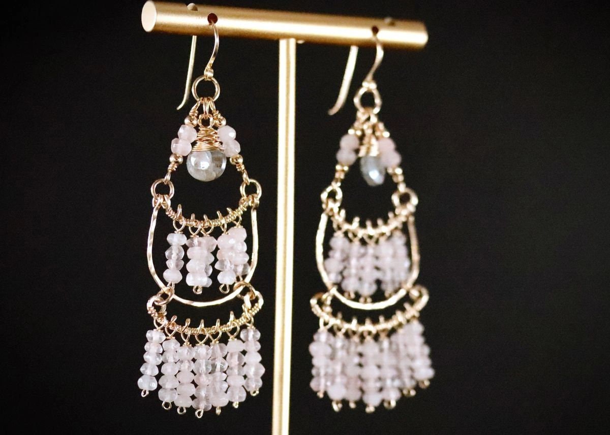 Rose Quartz Labradorite Fringe Chandelier Gemstone Earrings, 14K Gold Filled