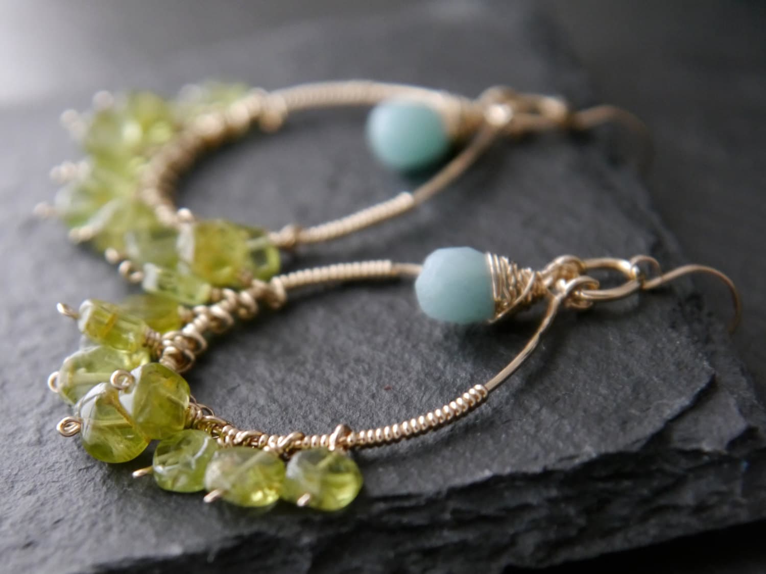 Peridot Aqua Amazonite Hoop Gemstone Earrings, 14K Gold Filled Nature Inspired