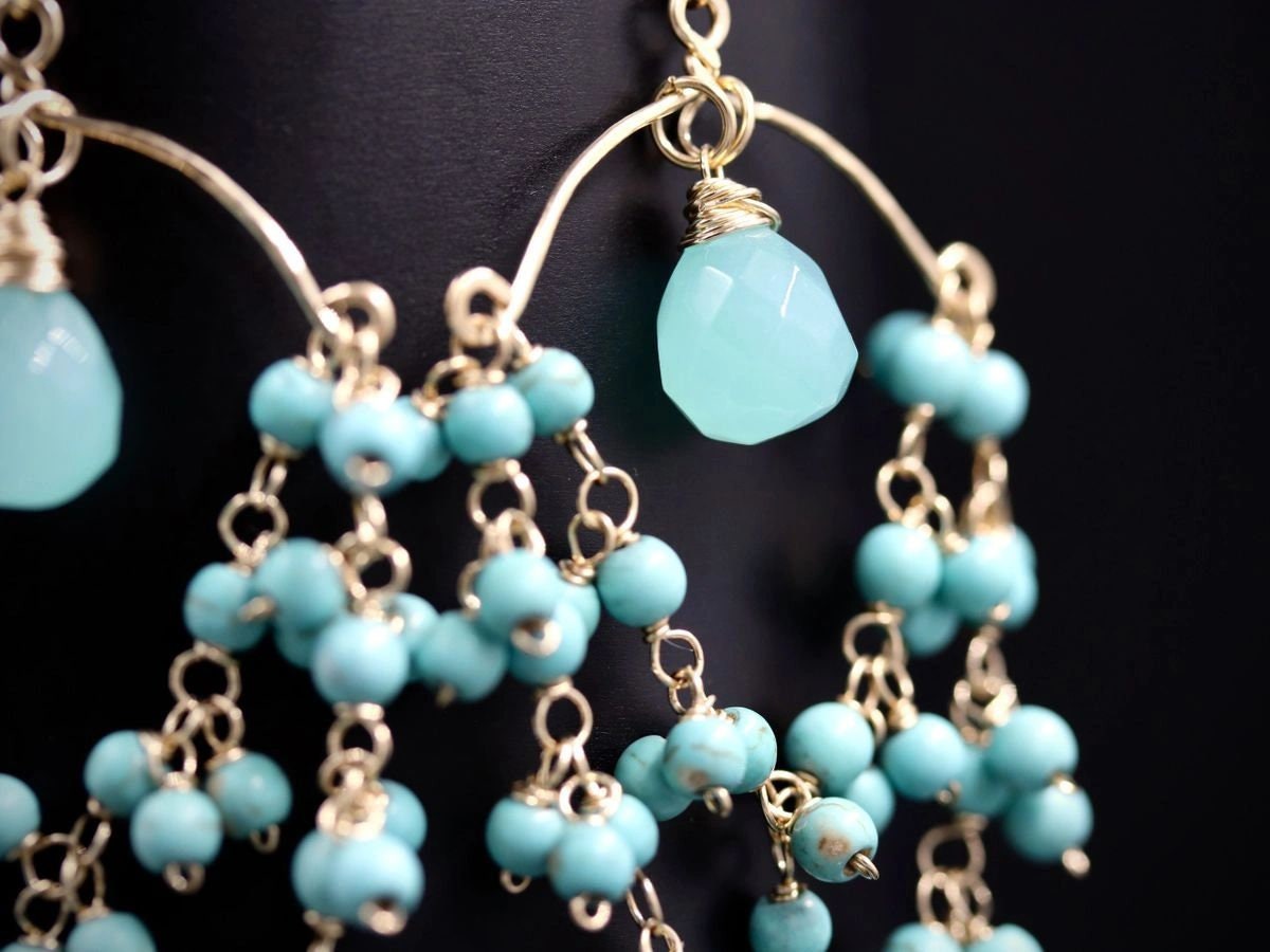 Turquoise Magnesite Aqua Chalcedony Fringe, Gemstone Earrings, 14K Gold Filled Bohemian Wedding