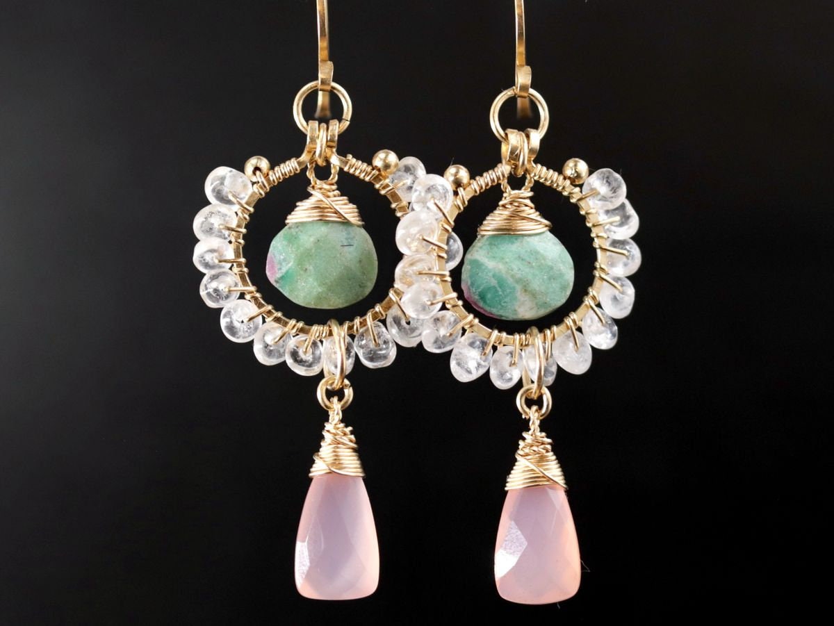 Pink Chalcedony Trillion Ruby in Fuchsite Floral Gemstone Earrings, 14K Gold Filled Unique Boho