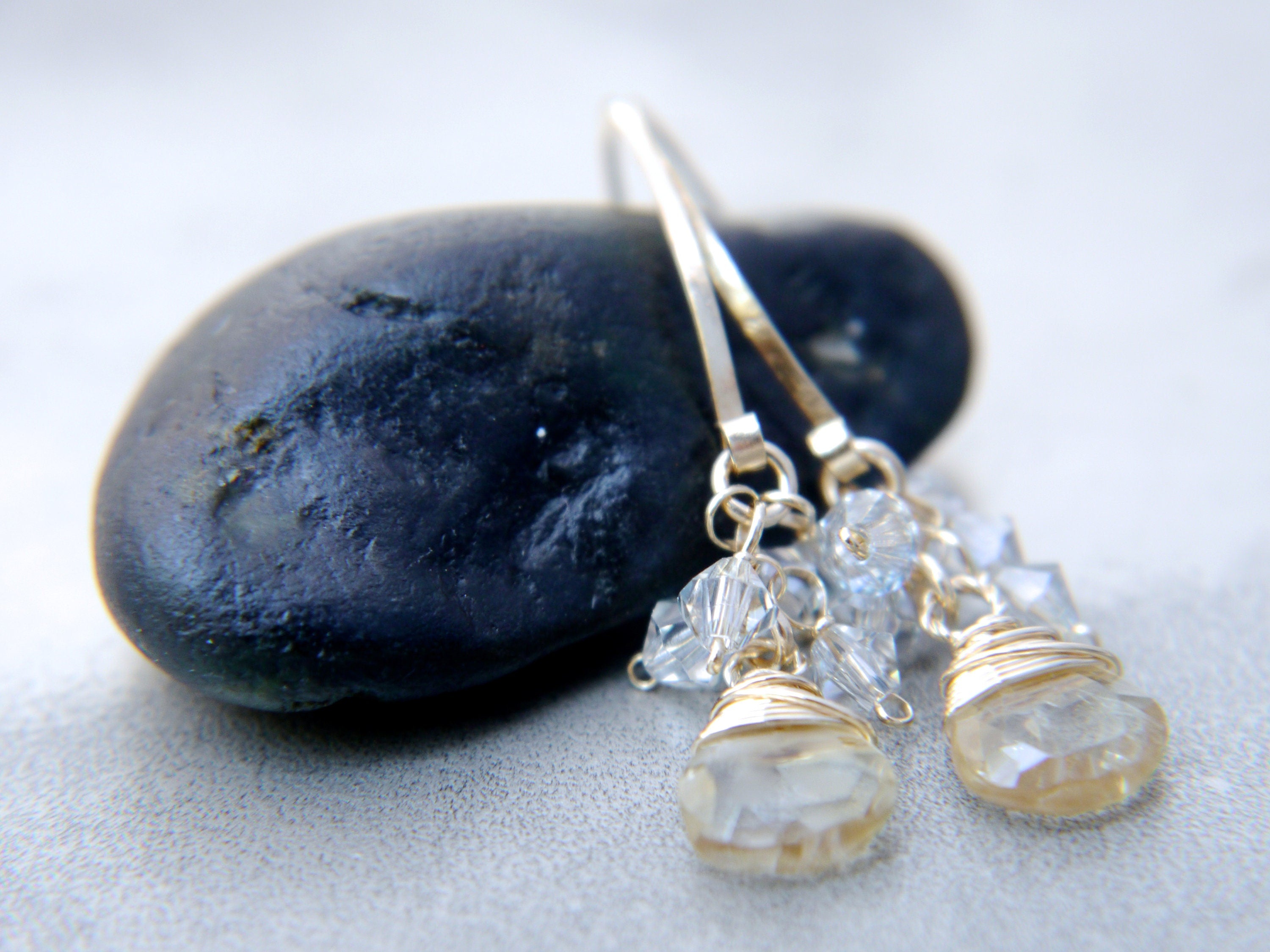 Citrine Teardrop Hoop Cluster Gemstone Earrings, 14K Gold Filled November Birthstone