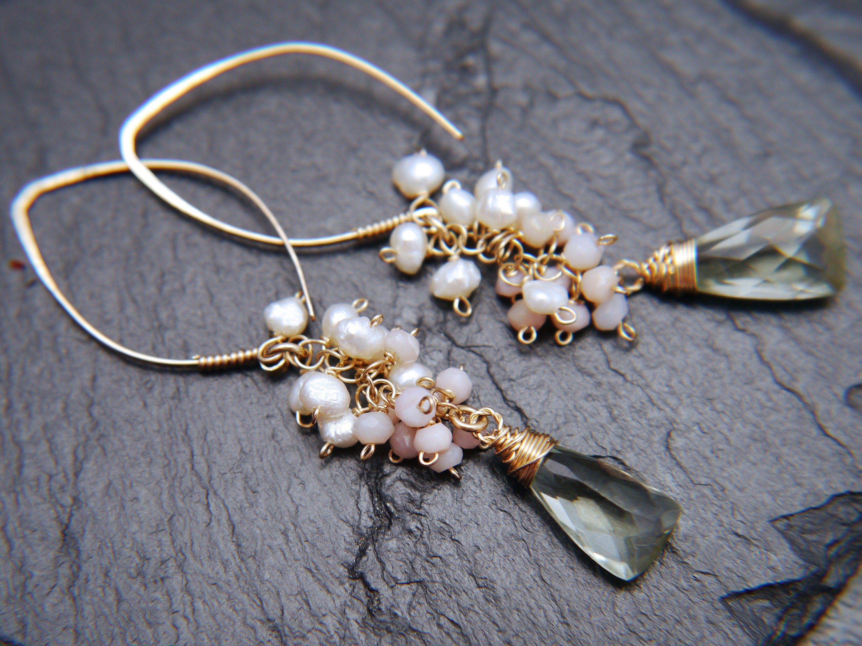 Pearl Pink Opal Green Amethyst Floral Gemstone Earrings, 14K Gold Filled Bohemian Jewelry