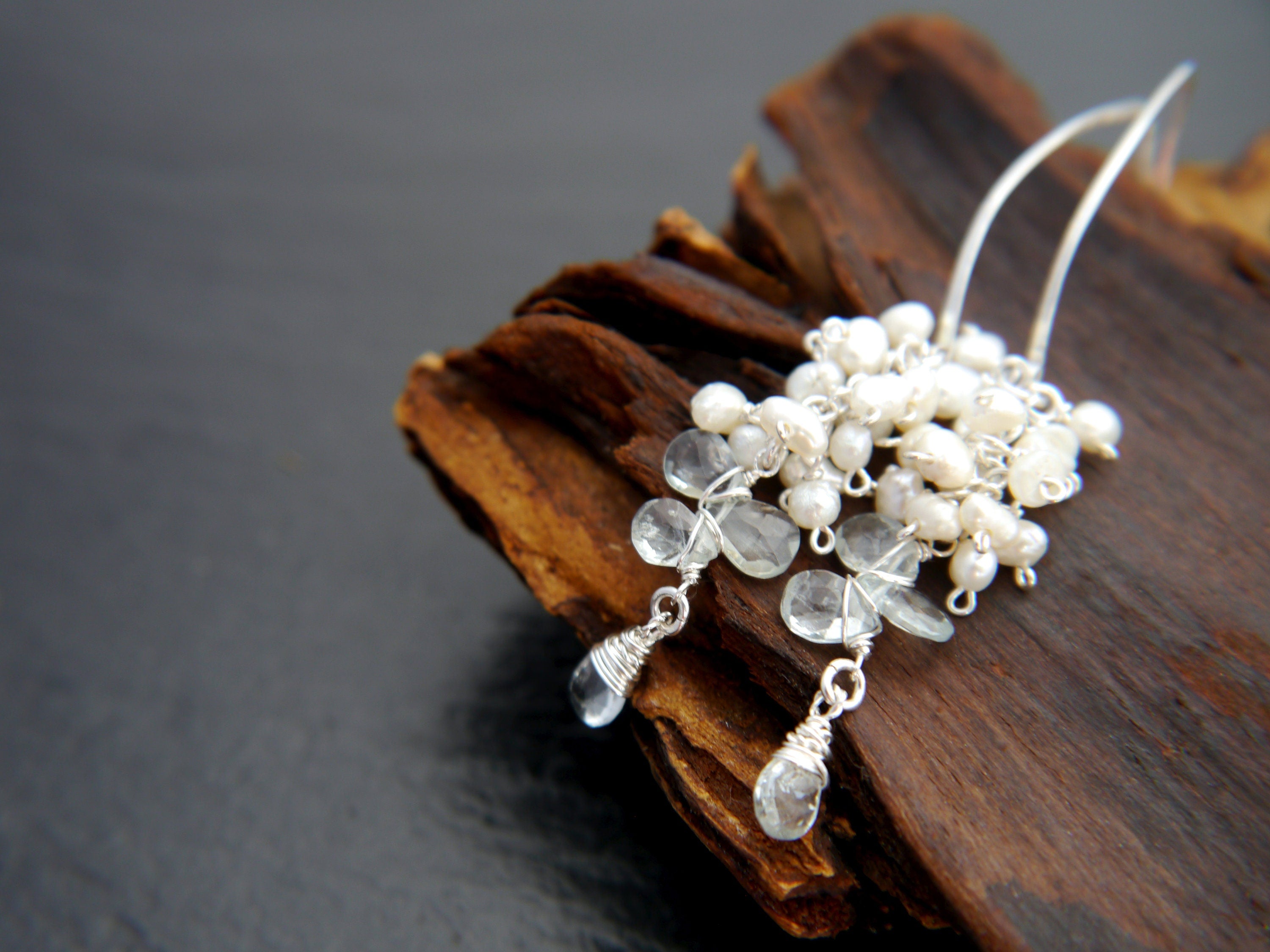 Aquamarine Pearl Long Dangle Floral Vine Gemstone Earrings, Sterling Silver Bridal
