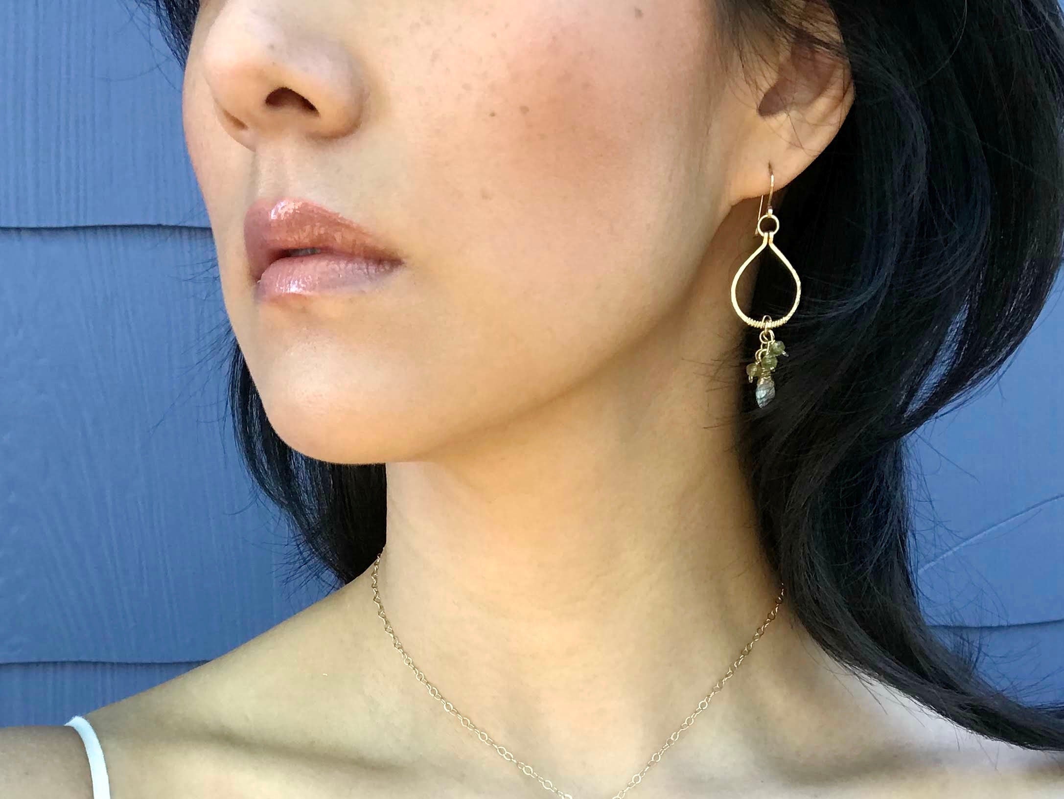 Aquamarine Peridot Chandelier Floral Gemstone Earrings, 14K Gold Filled Bohemian