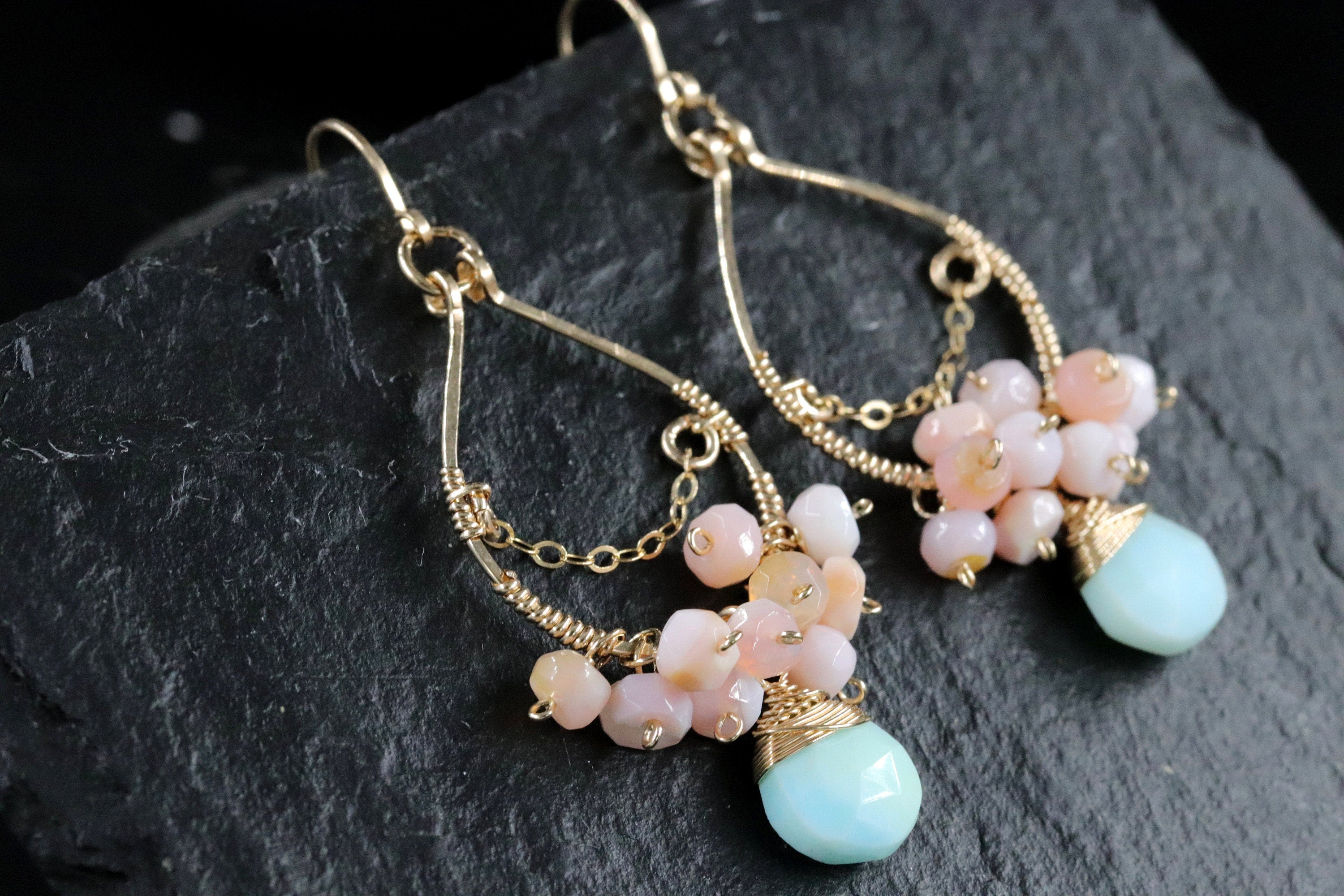 Pink Opal Amazonite Floral Chandelier, Gemstone Earrings, 14K Gold Filled Bohemian Bridal Jewelry