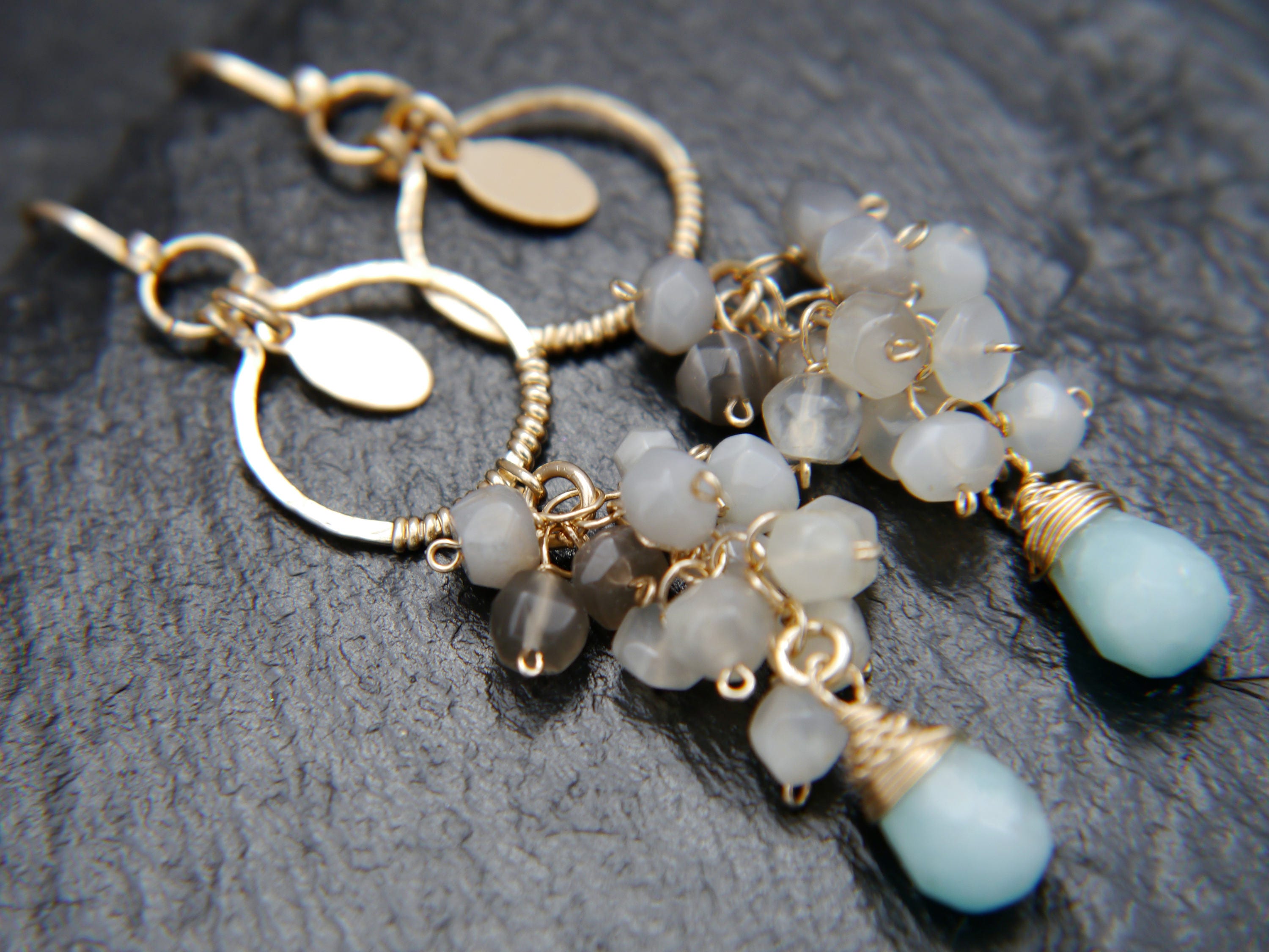 Moonstone Amazonite Cluster Gemstone Earrings 14K Gold Filled Nature Inspired