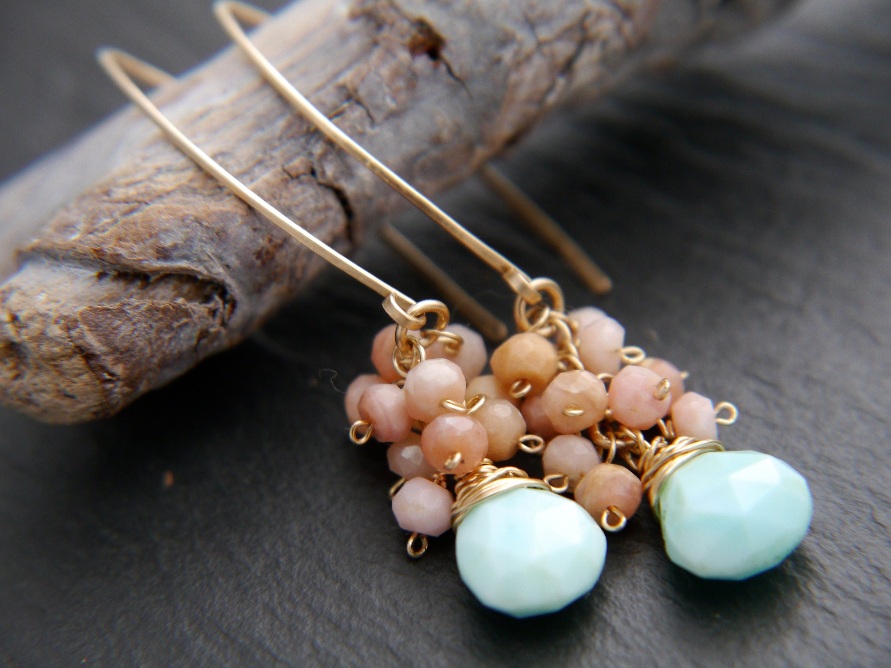Pink Blue Opal Floral Cluster Gemstone Earrings, 14K Gold Filled Nature Inspired