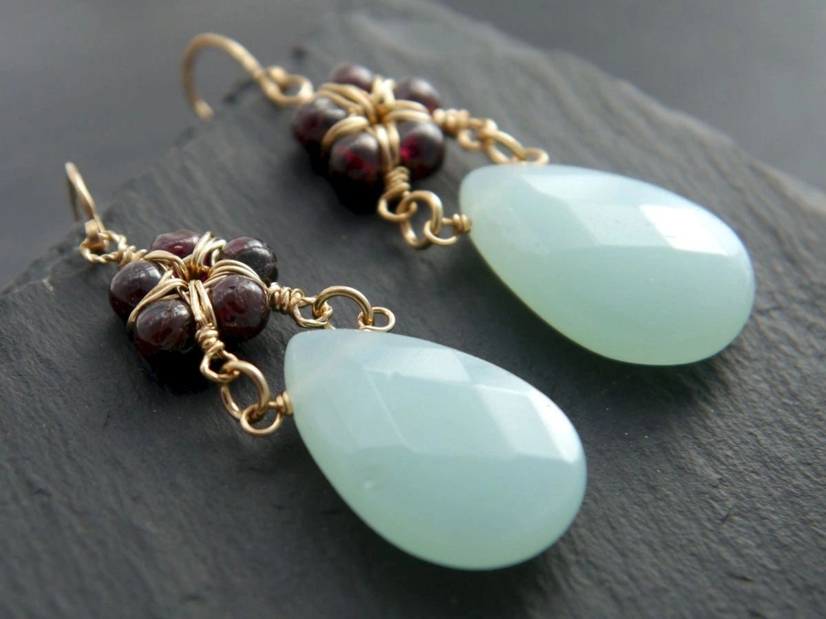Garnet Chalcedony Heart Flower Gemstone Earrings, 14K Gold Filled Artisan Heirloom