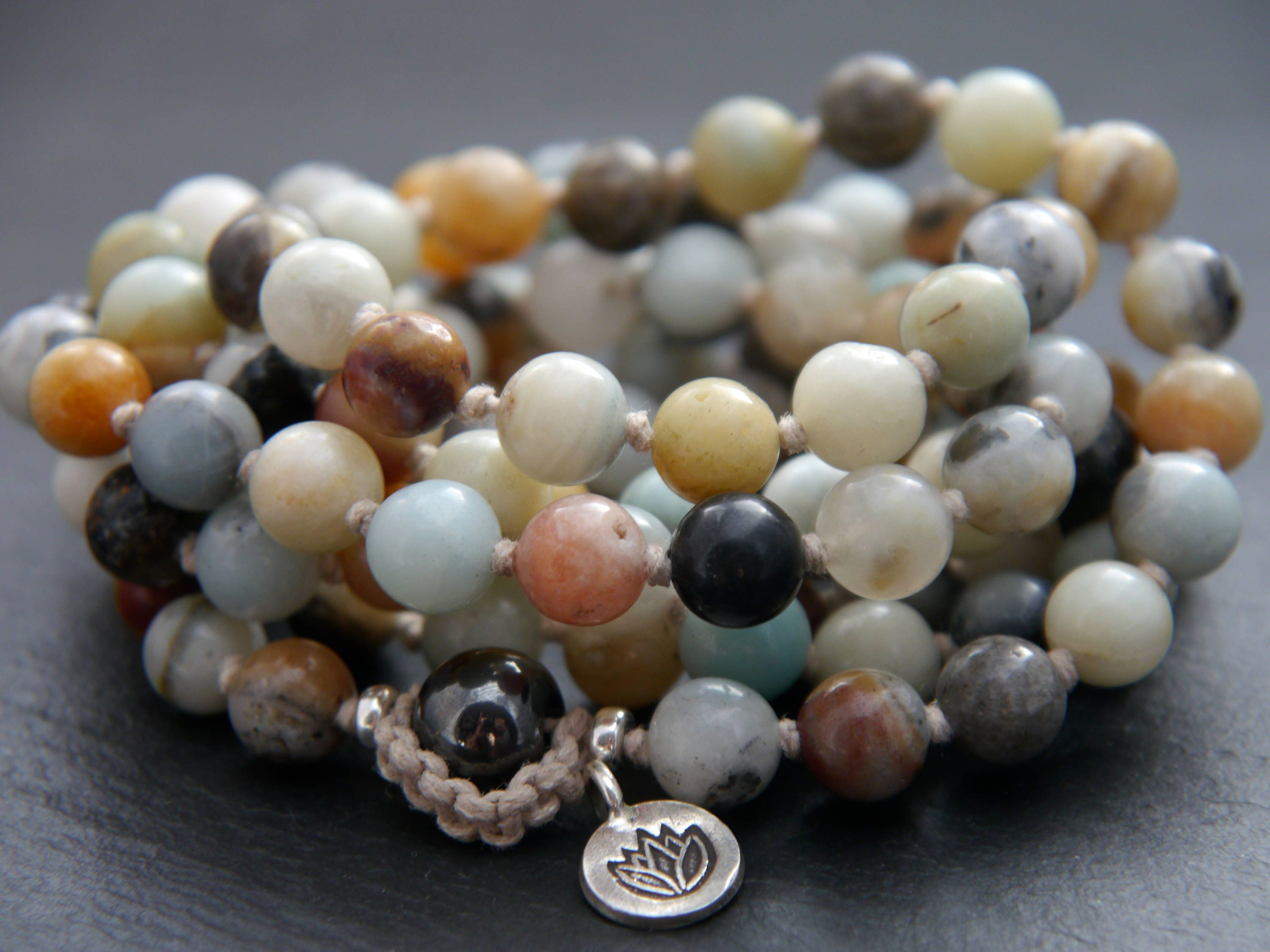 Multicolor Flower Amazonite Mala Beads, 108 Gemstone Beads, Wrap, Hand Knotted