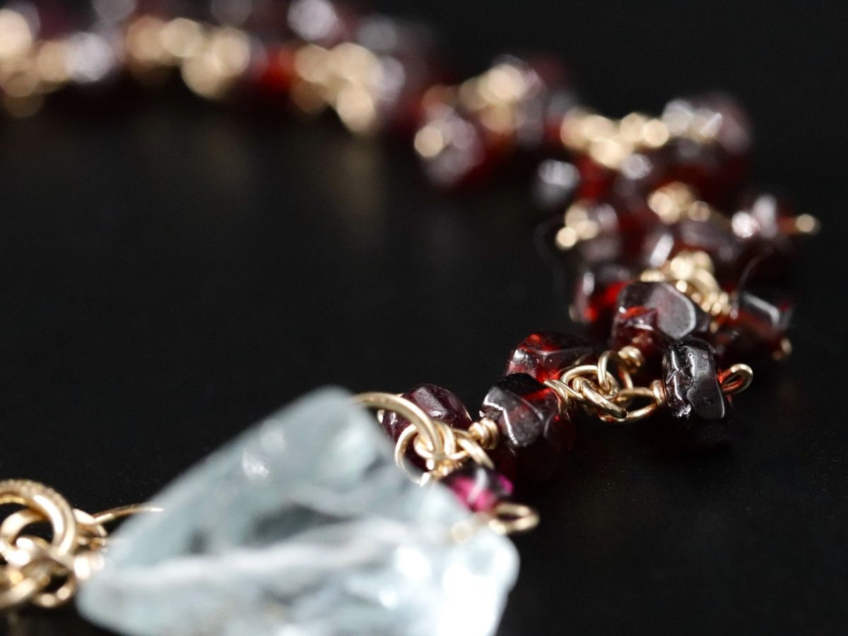 Garnet Aquamarine Gemstone Bracelet, 14K Gold Filled Raw , January Birthstone