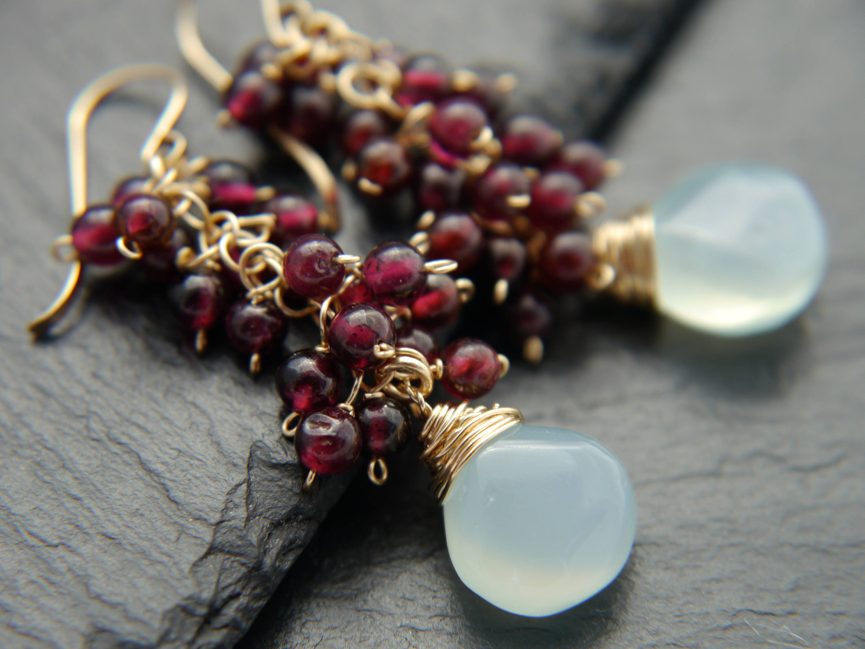 Aqua Chalcedony Garnet Cluster Earrings, 14K Gold Filled Briolette Dangle, Boho Jewelry
