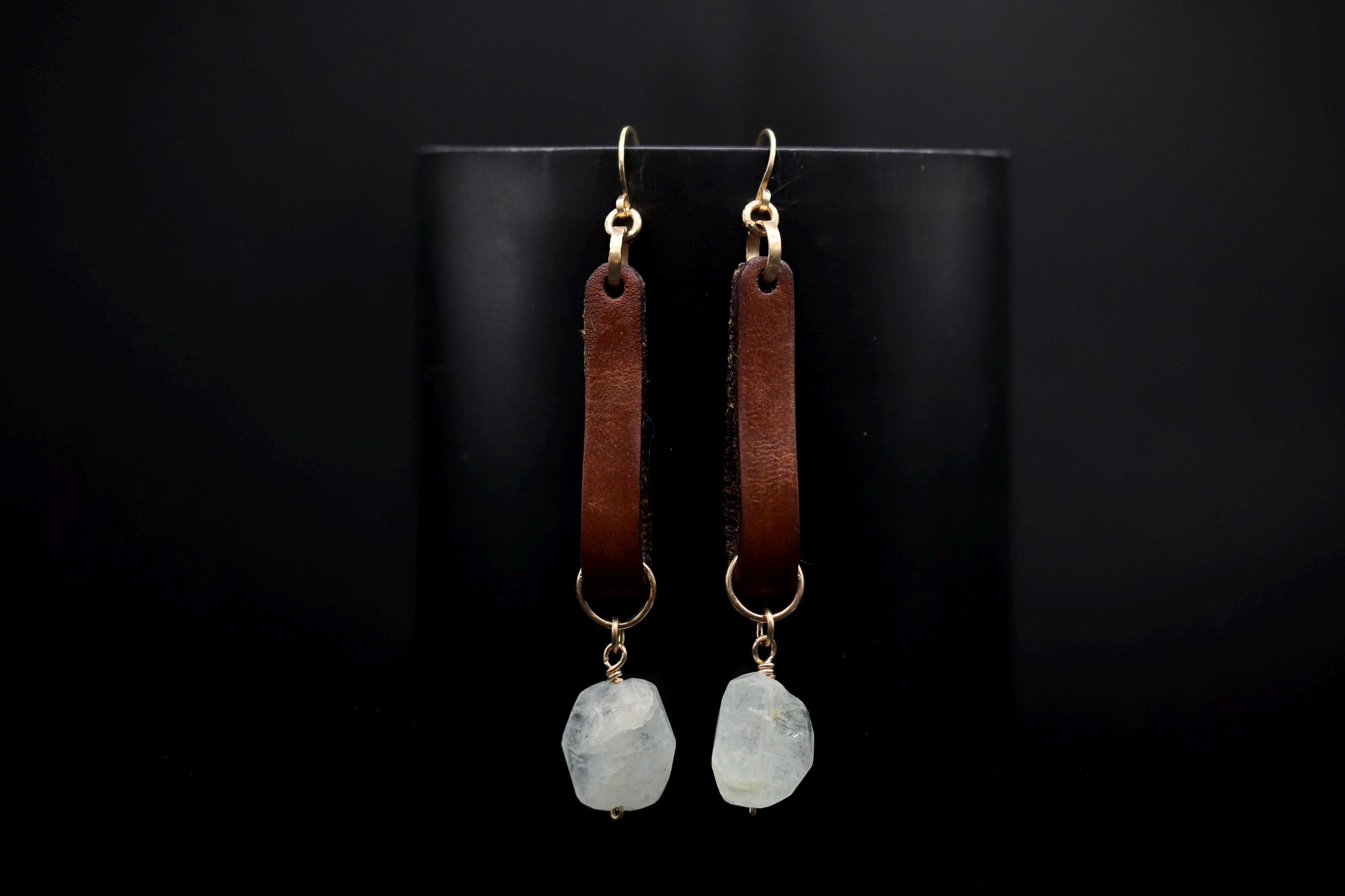 Boho Leather and Raw Cut Aquamarine Dangle Gemstone Earrings, 14K Gold Filled