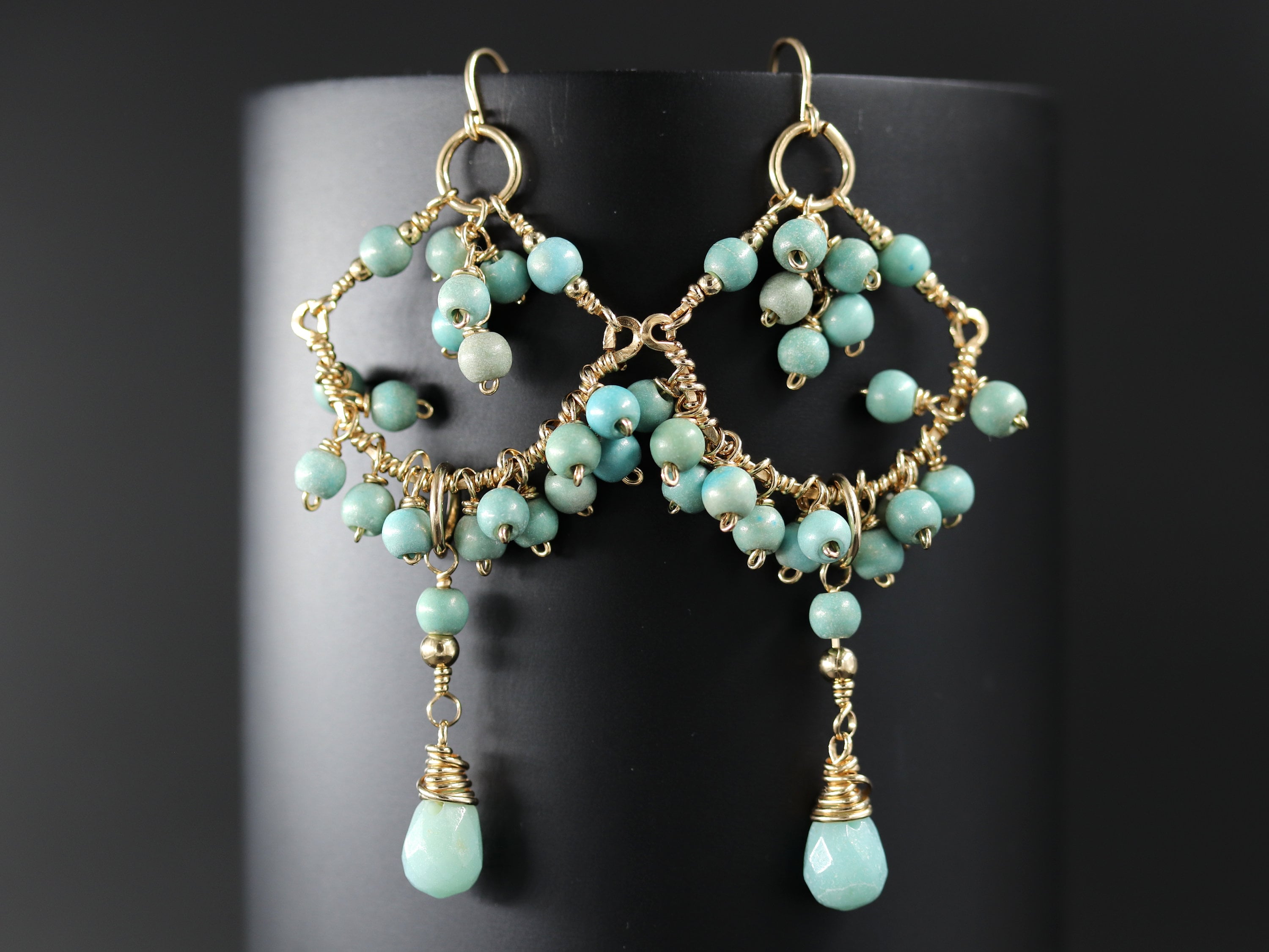Amazonite Turquoise Chandelier Earrings, 14K Gold Filled Boho Statement Dangle, Coastal Jewelry