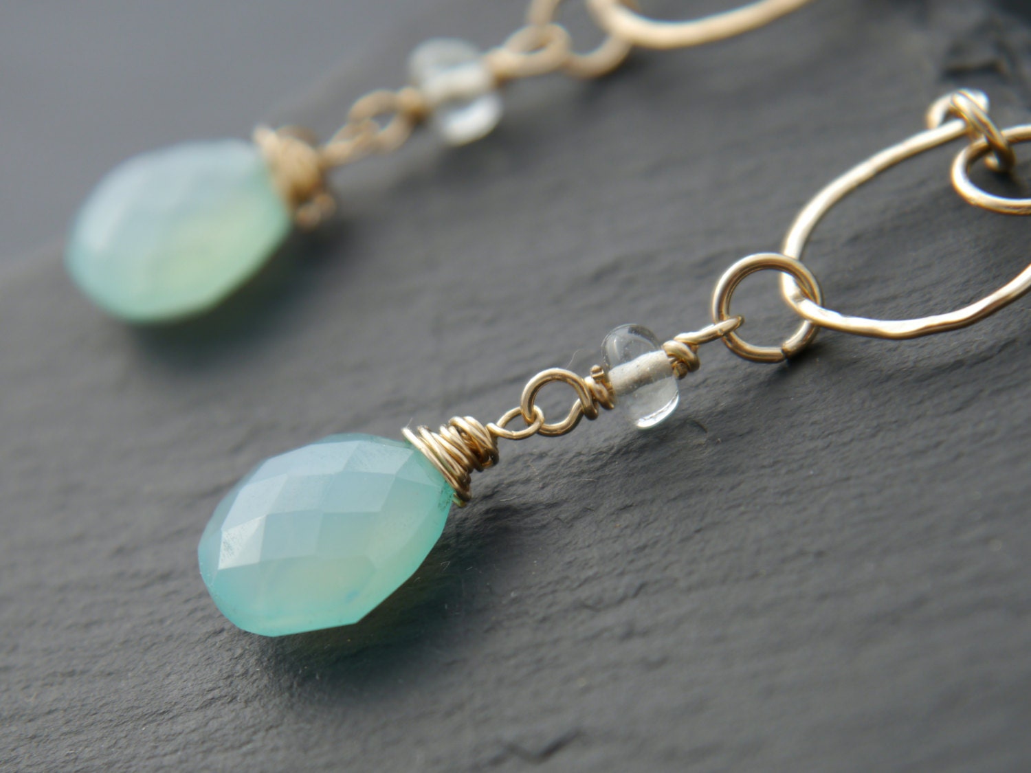 Aqua Chalcedony Heart Chandelier Gemstone Earrings, 14K Gold Filled Bohemian Wedding