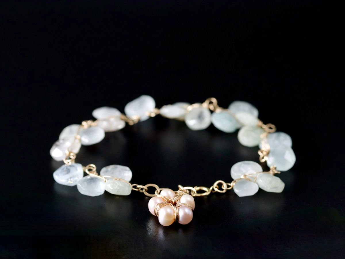 14K Gold Filled Aquamarine Pearl Gemstone Bracelet, March Birthstone Bridal Jewelry