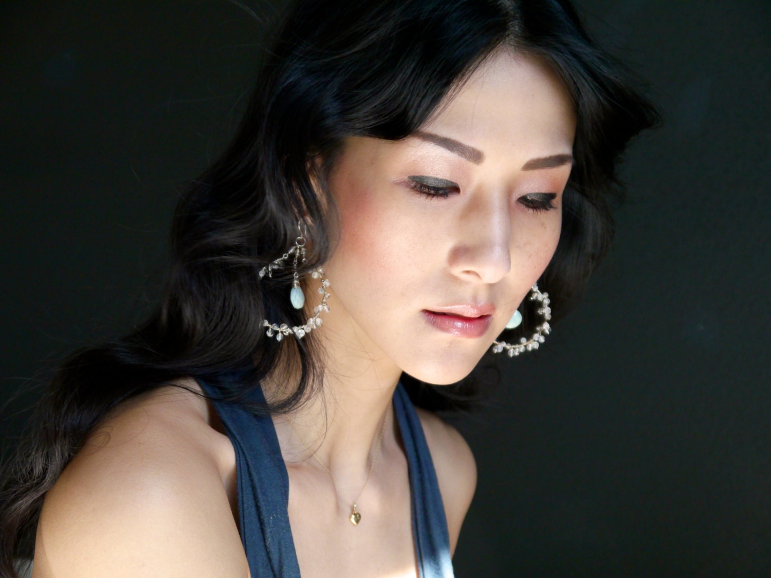 Aquamarine Chandelier Floral Hoop Gemstone Earrings, Sterling Silver Bridal Jewelry