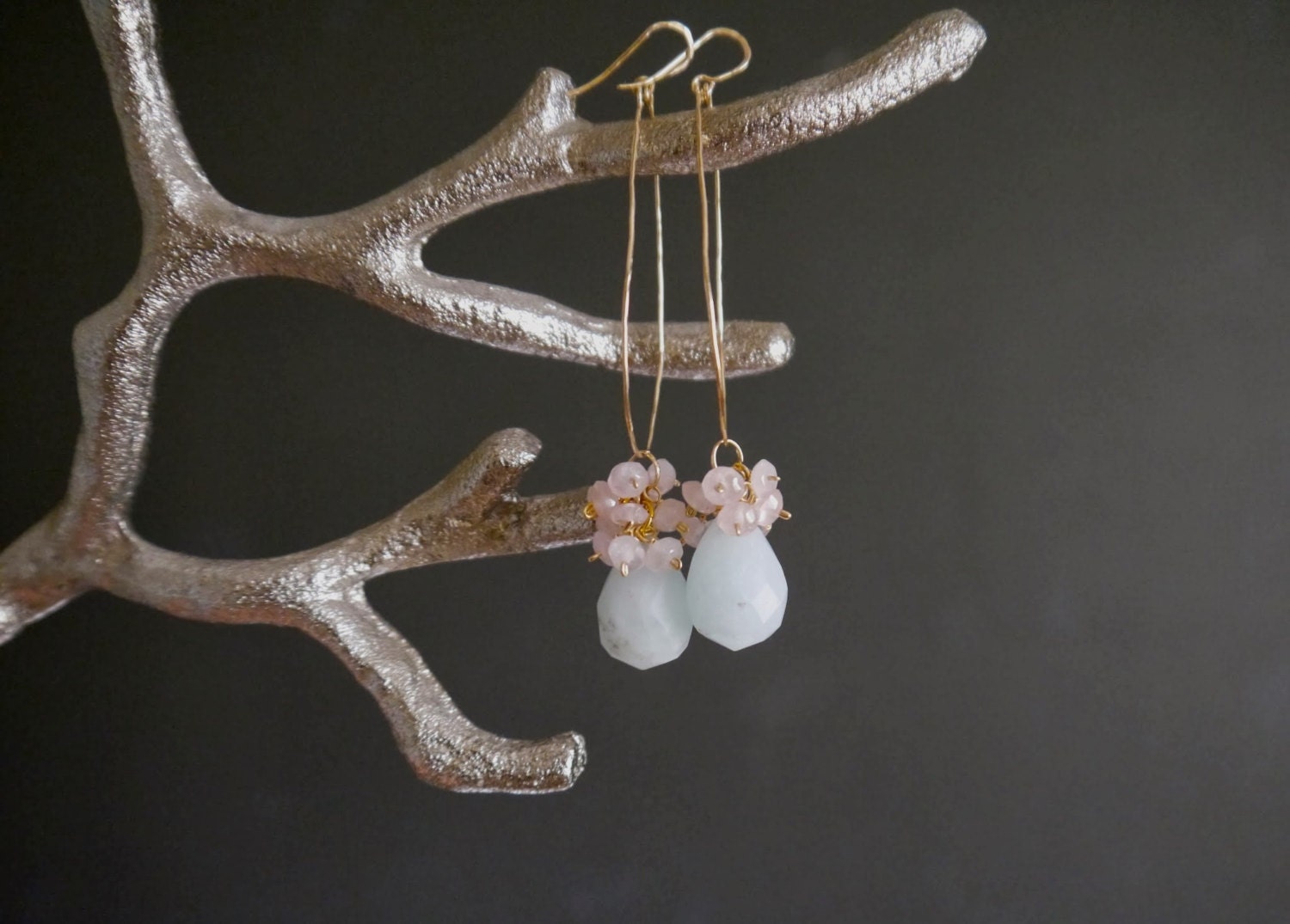 Pink Rose Quartz Cluster Amazonite Hoop Floral Gemstone Earrings, 14K Gold Filled