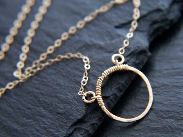 Hammered Circle Pendant Necklace, 14K Gold Filled, Minimalist Style