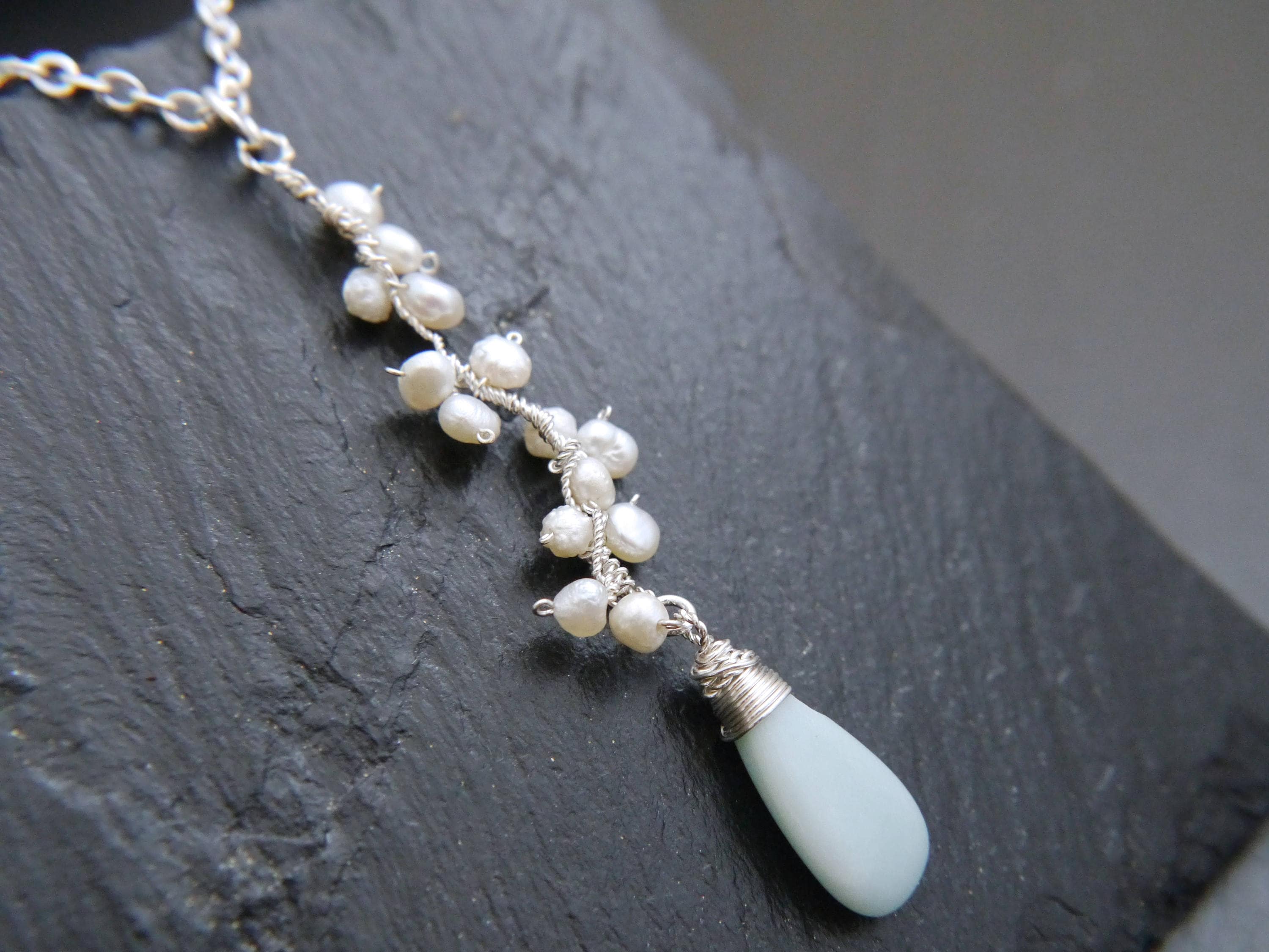 Amazonite White Pearl Floral Vine Pendant Gemstone Necklace, Sterling Silver, Wedding Jewelry