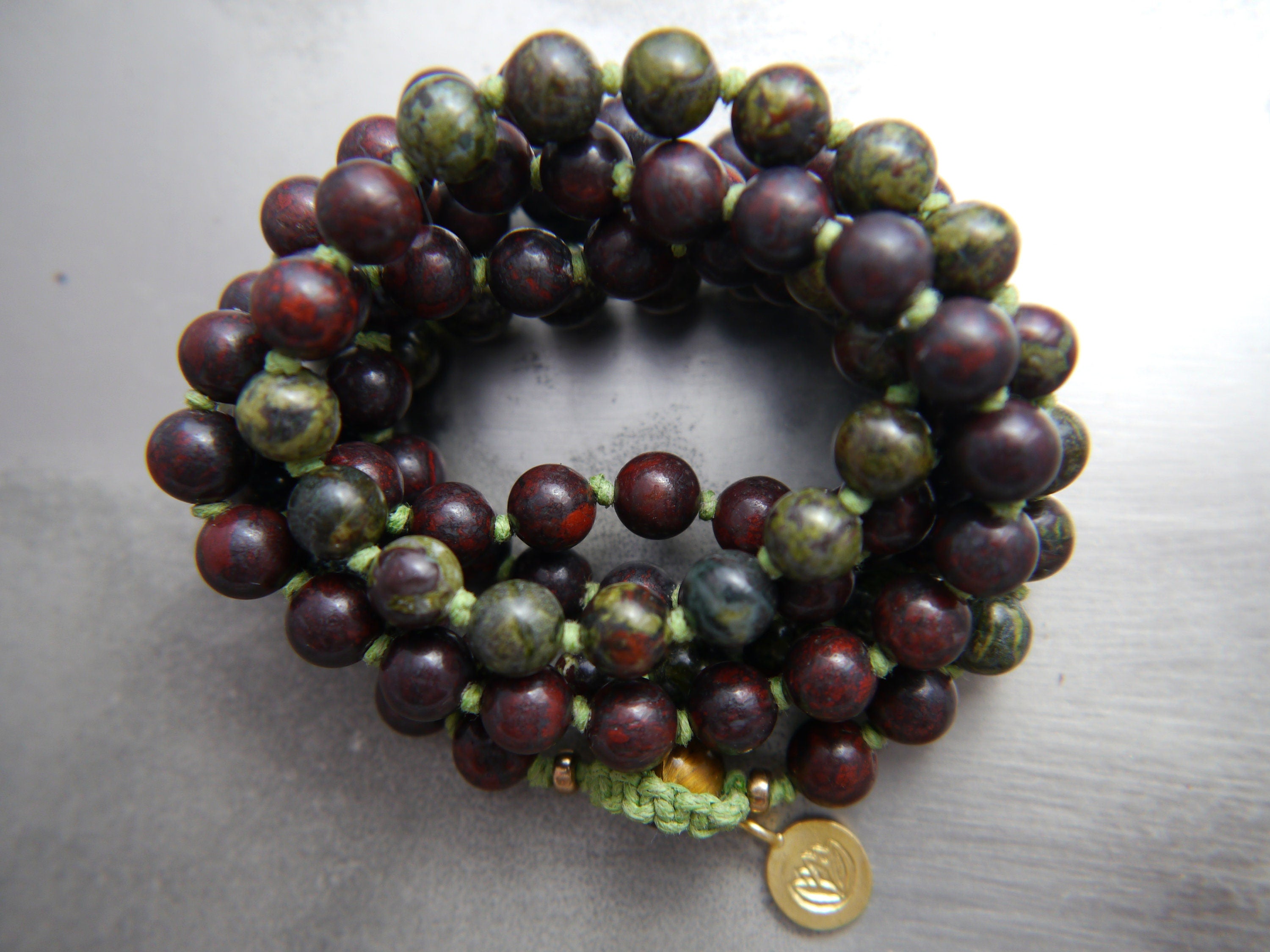Deep Red Dragon’s Blood Jasper Mala Beads, 108 Gemstone Beads, Wrap, Hand Knotted