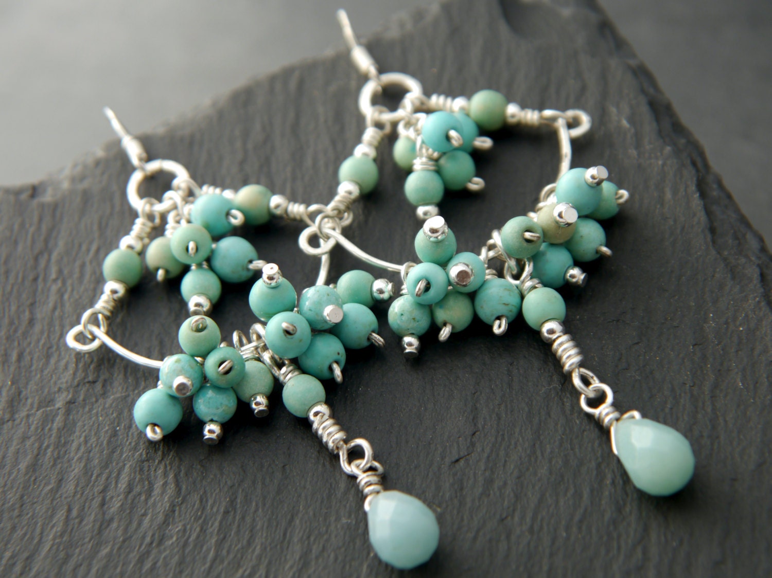 Amazonite Turquoise Magnesite Cluster Chandelier Gemstone Earrings, Sterling Silver
